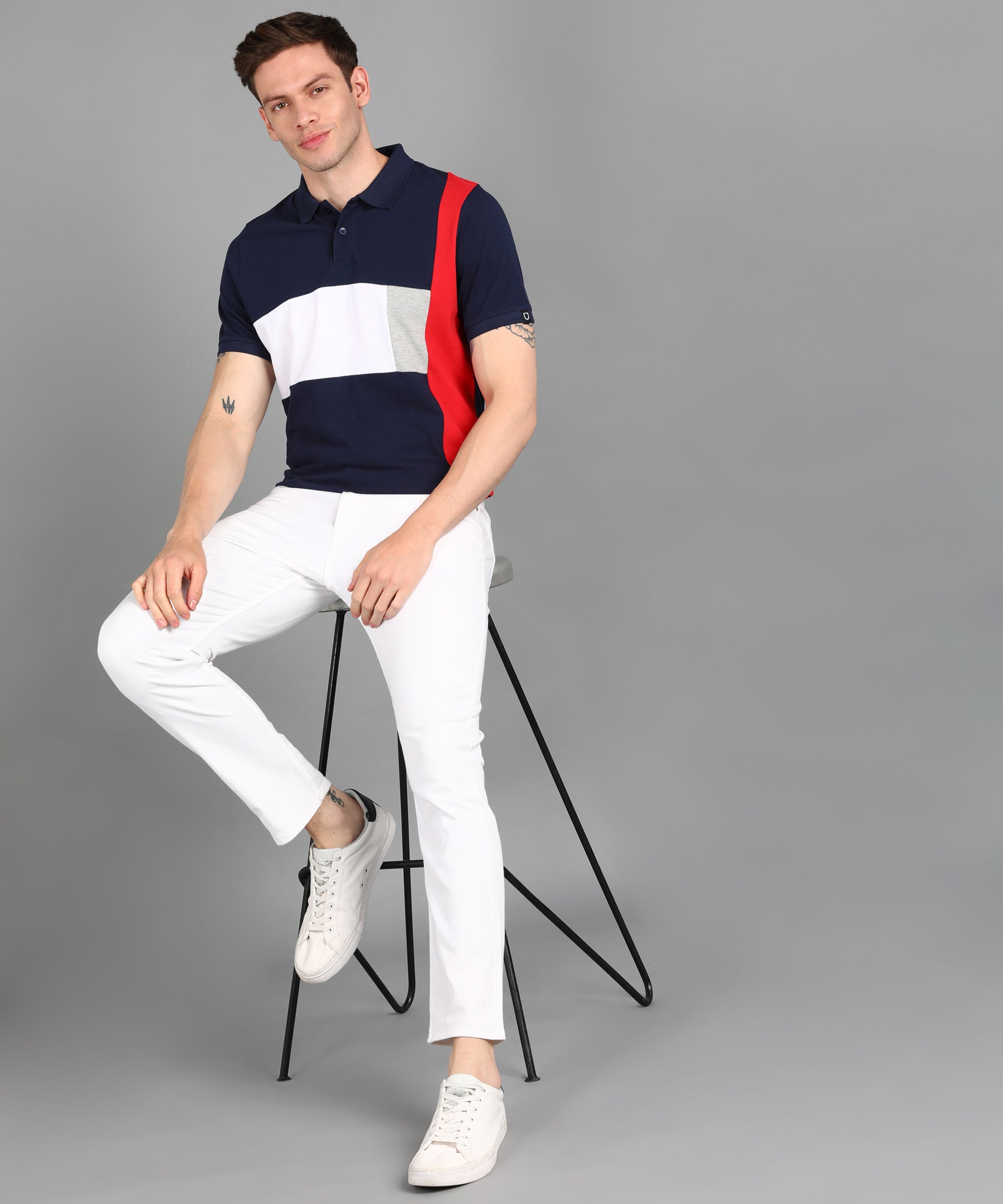 Men's Navy, White, Red Colour-Block Slim Fit Half Sleeve Cotton Polo T-Shirt