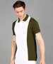 Men's White, Olive Colour-Block Slim Fit Half Sleeve Cotton Polo T-Shirt