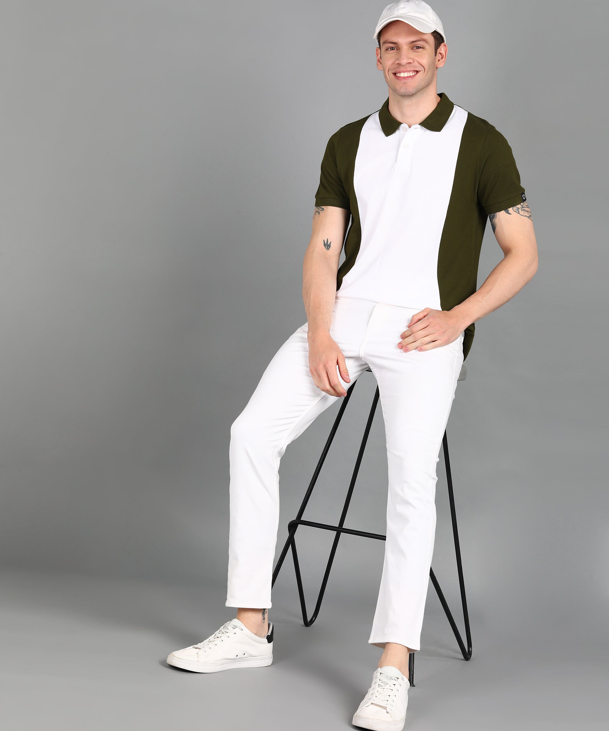 Men's White, Olive Colour-Block Slim Fit Half Sleeve Cotton Polo T-Shirt