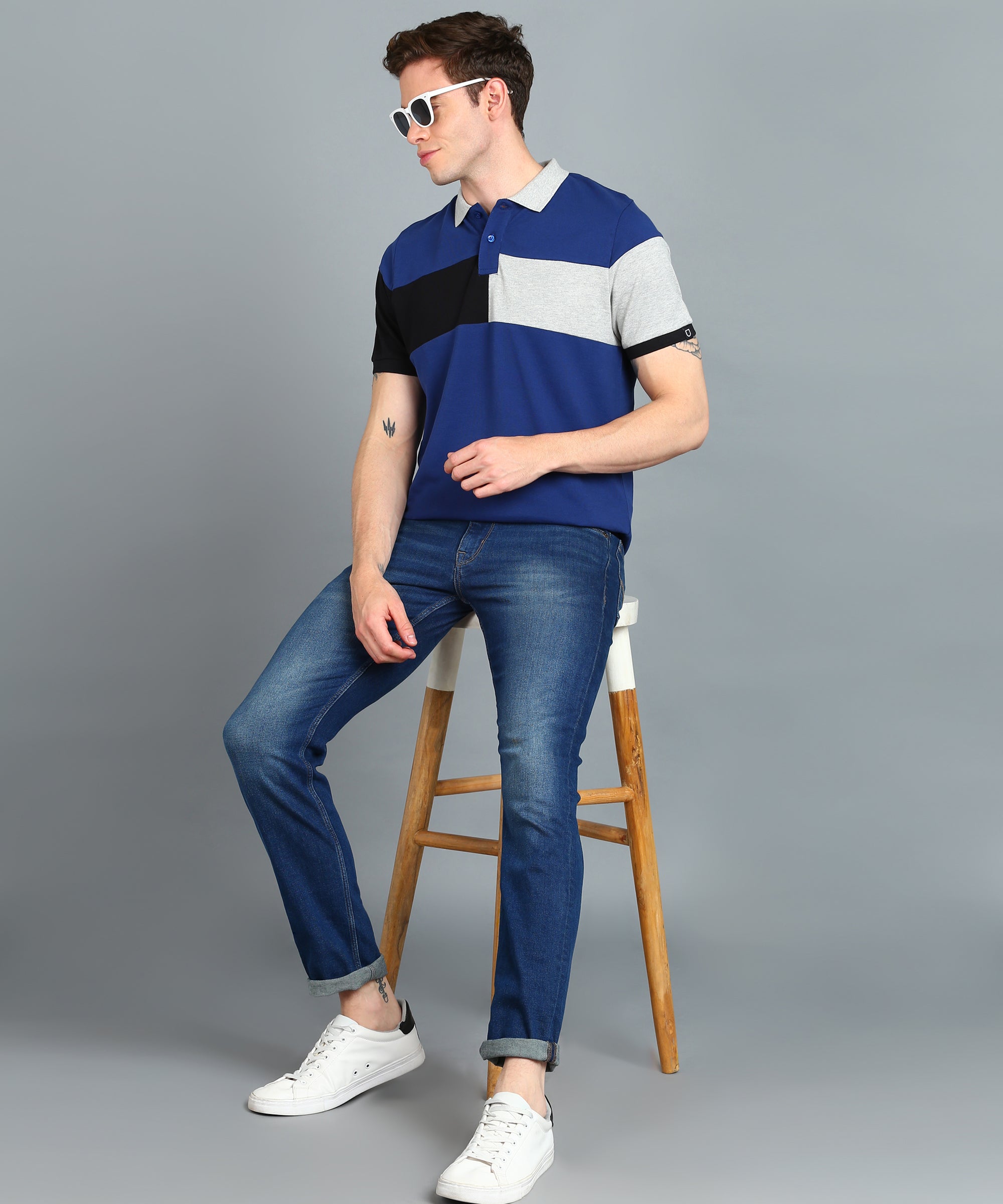 Men's Dark Blue, Black, Grey Melange Colour-Block Slim Fit Half Sleeve Cotton Polo T-Shirt