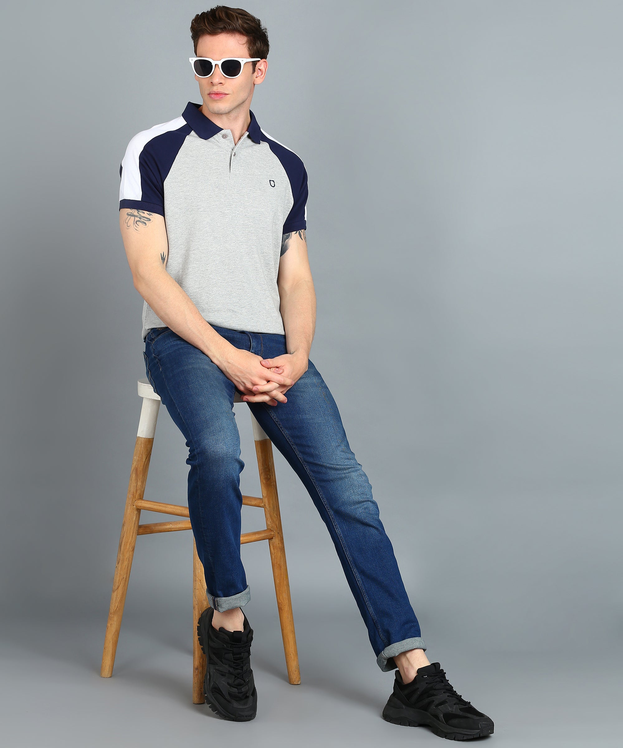 Men's Grey Melange, White, Navy Blue Colour-Block Slim Fit Half Sleeve Cotton Polo T-Shirt