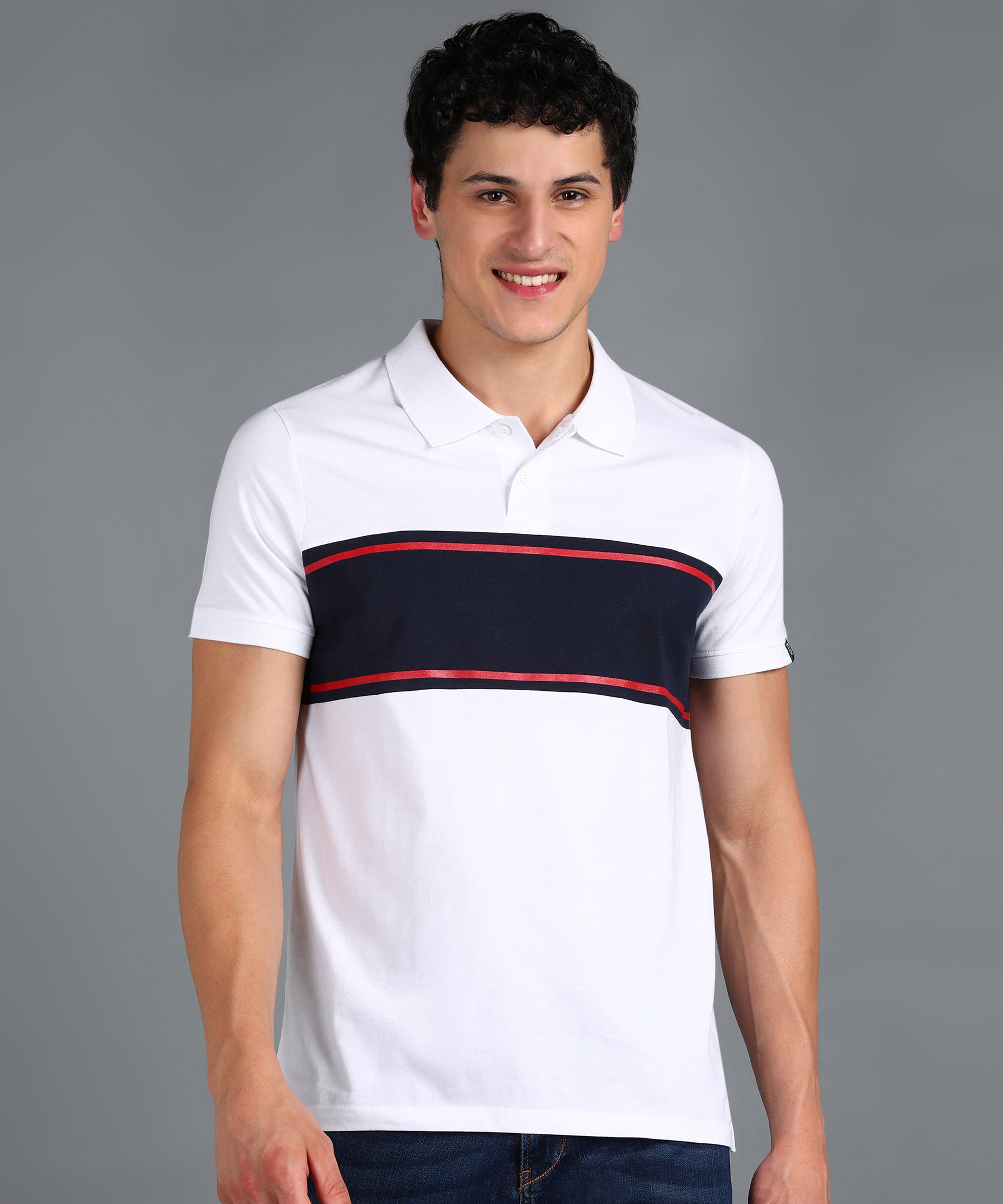 Men's White, Navy Blue, Red Colour-Block Slim Fit Half Sleeve Cotton Polo T-Shirt