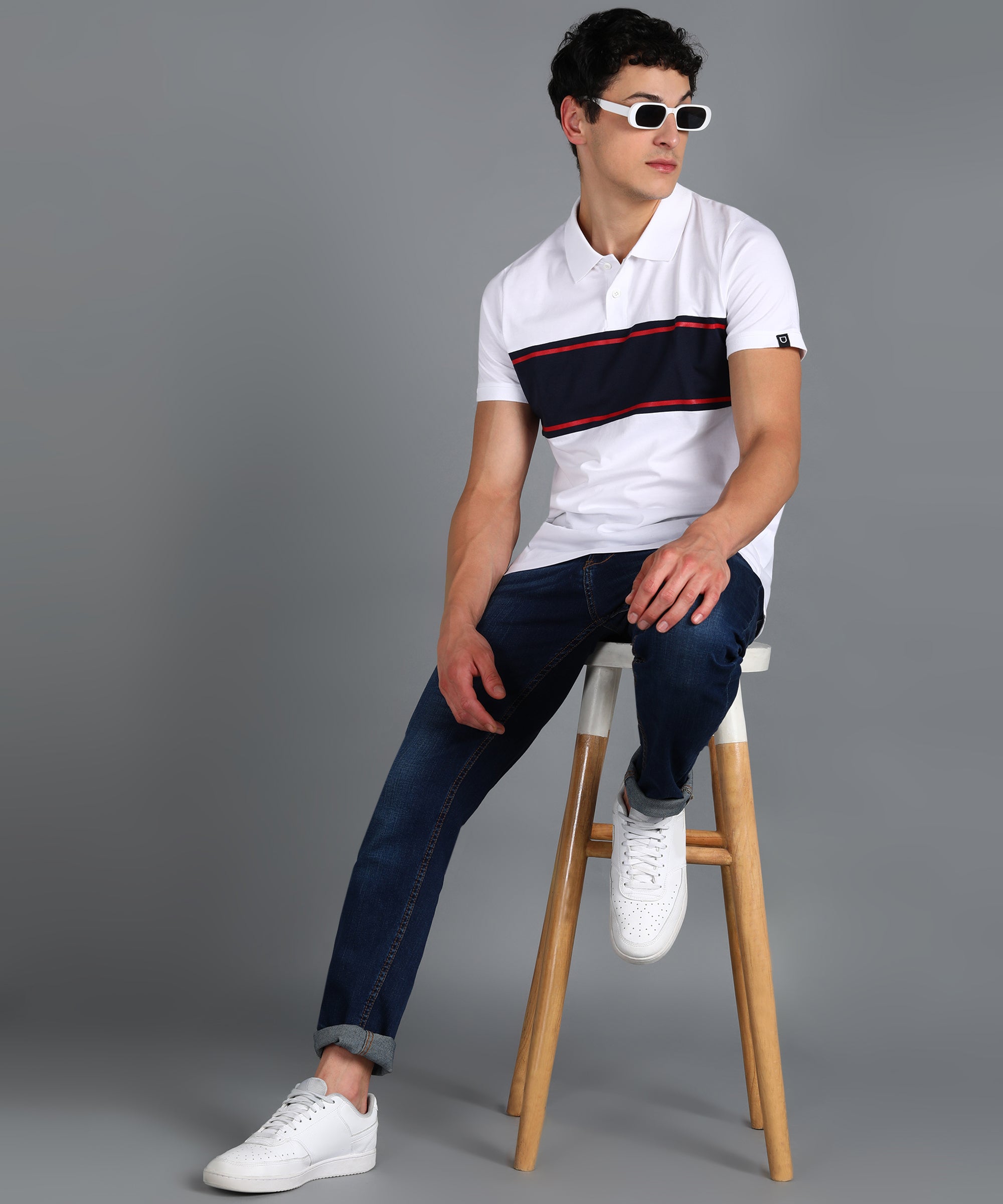 Men's White, Navy Blue, Red Colour-Block Slim Fit Half Sleeve Cotton Polo T-Shirt