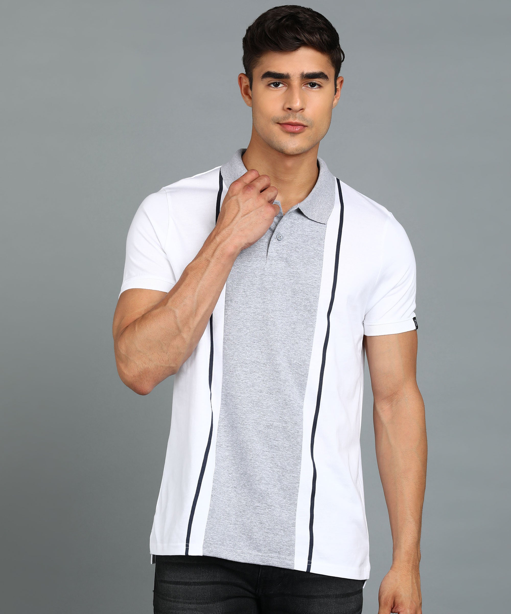 Men's White, Grey, Navy Blue Colour-Block Slim Fit Half Sleeve Cotton Polo T-Shirt