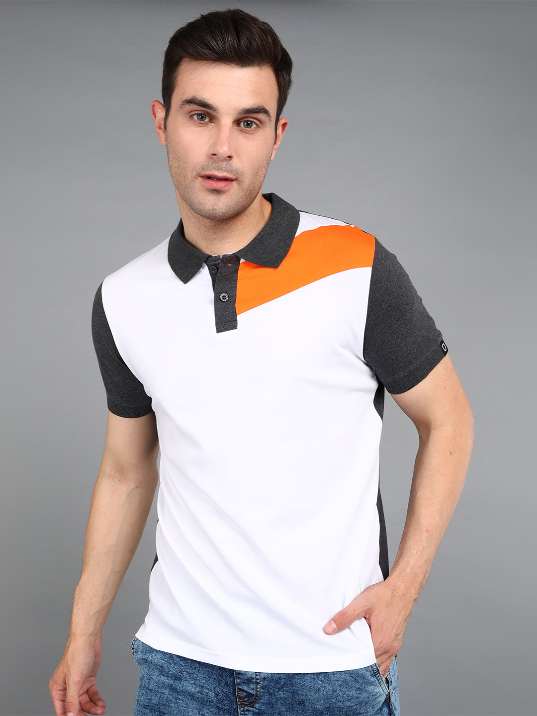 Men's White, Anthra Melange Colour-Block Slim Fit Half Sleeve Cotton Polo T-Shirt