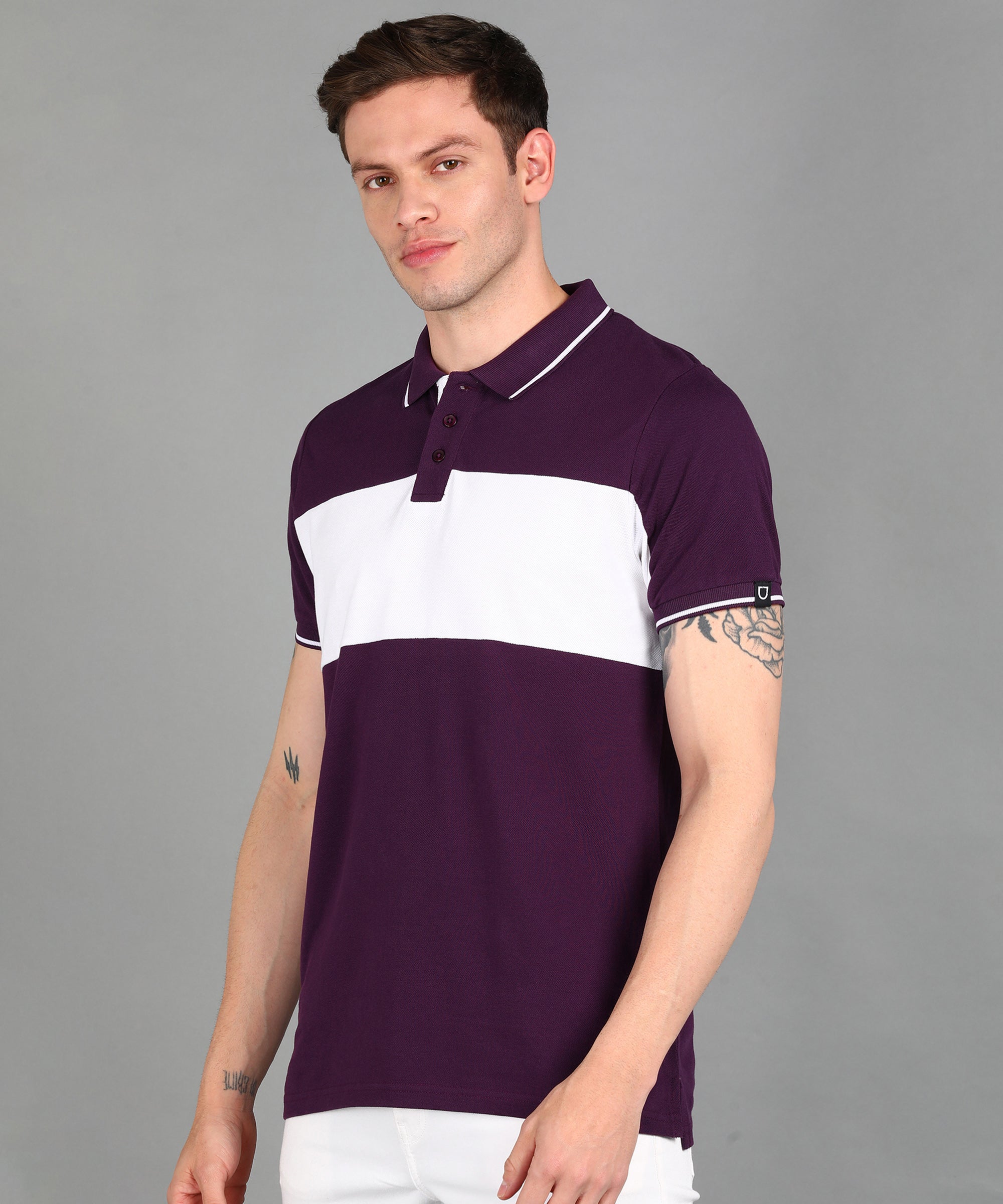 Men's Purple, Grey Melange Colour-Block Slim Fit Half Sleeve Cotton Polo T-Shirt