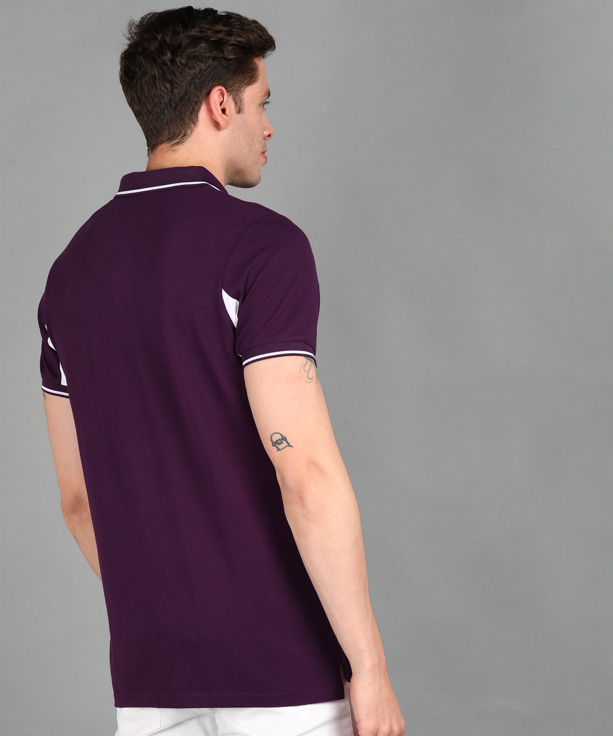 Men's Purple, Grey Melange Colour-Block Slim Fit Half Sleeve Cotton Polo T-Shirt