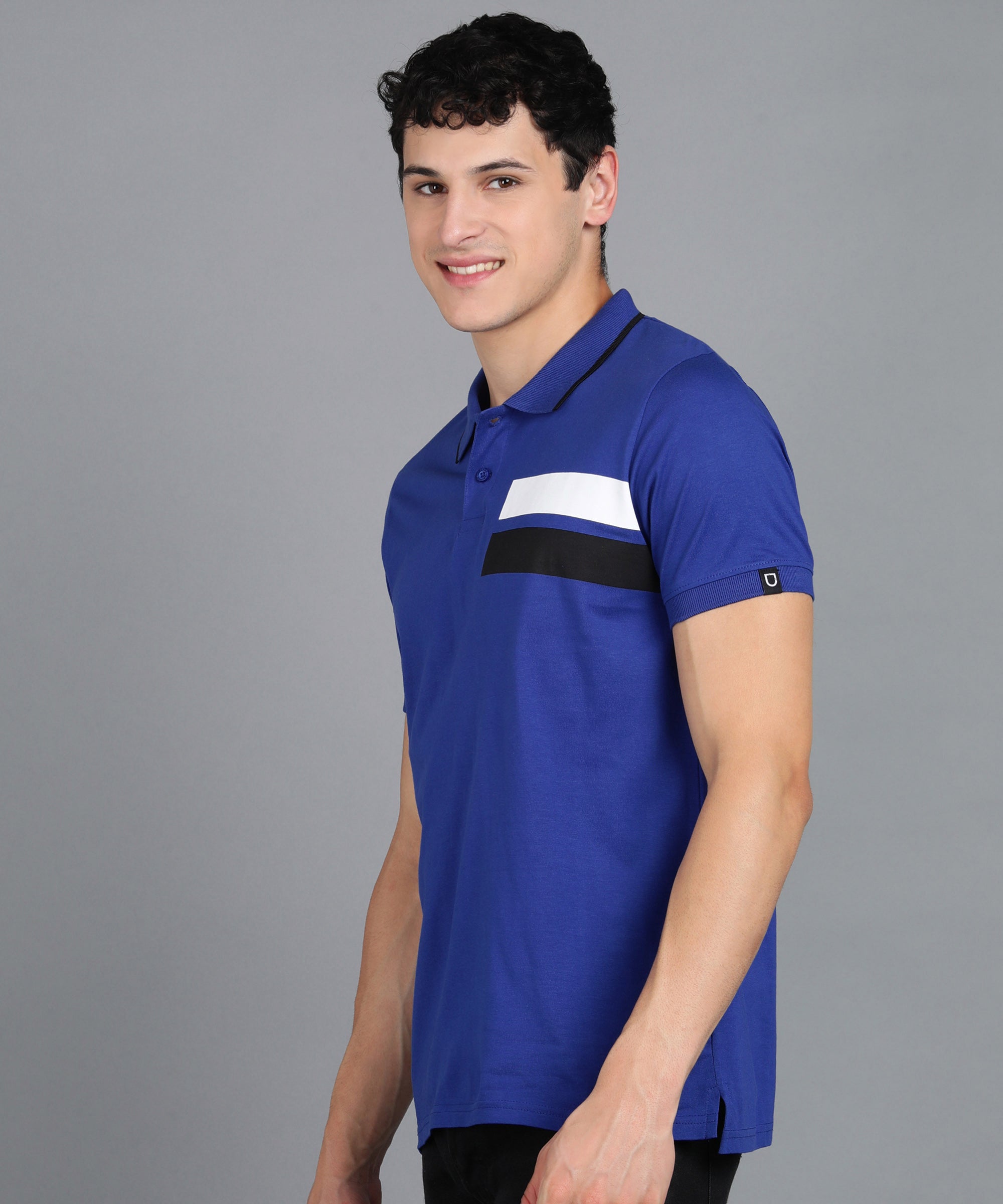 Men's Royal Blue Colour-Block Slim Fit Half Sleeve Cotton Polo T-Shirt
