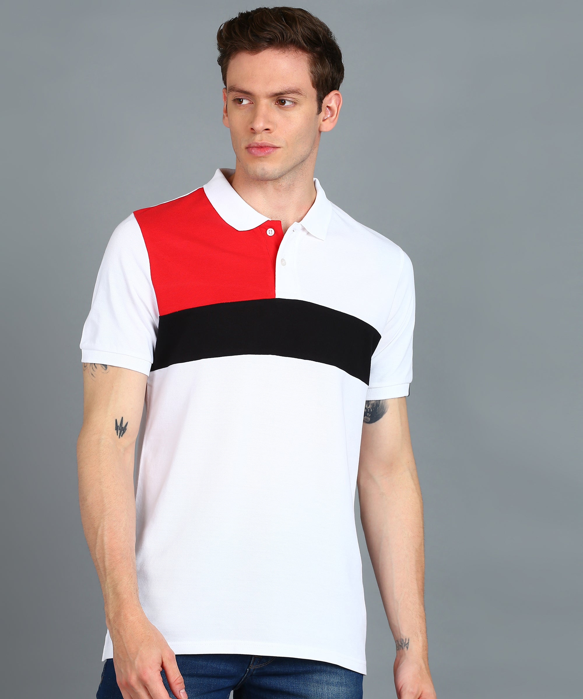 Men's White, Black, Red Colour-Block Slim Fit Half Sleeve Cotton Polo T-Shirt