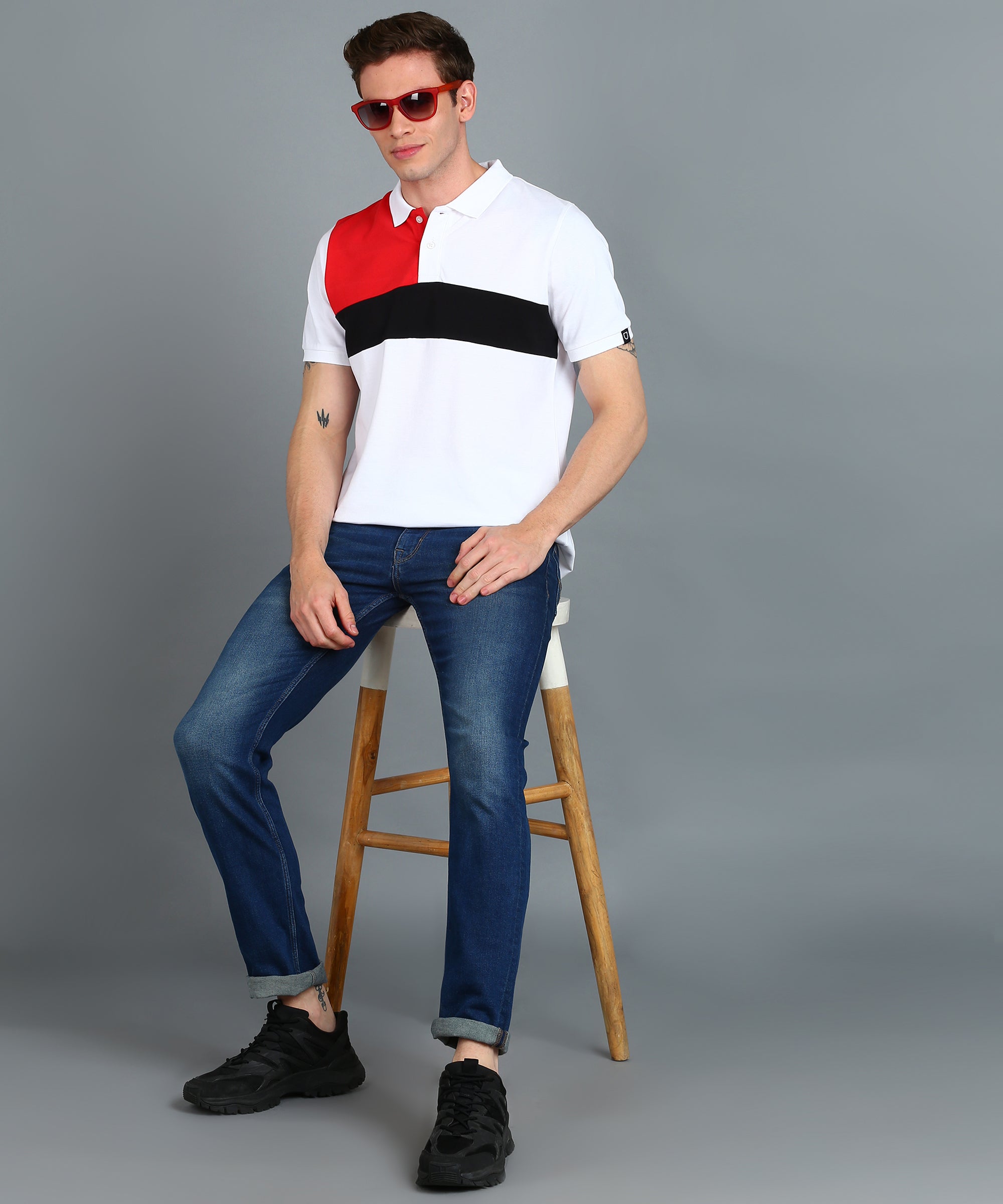 Men's White, Black, Red Colour-Block Slim Fit Half Sleeve Cotton Polo T-Shirt