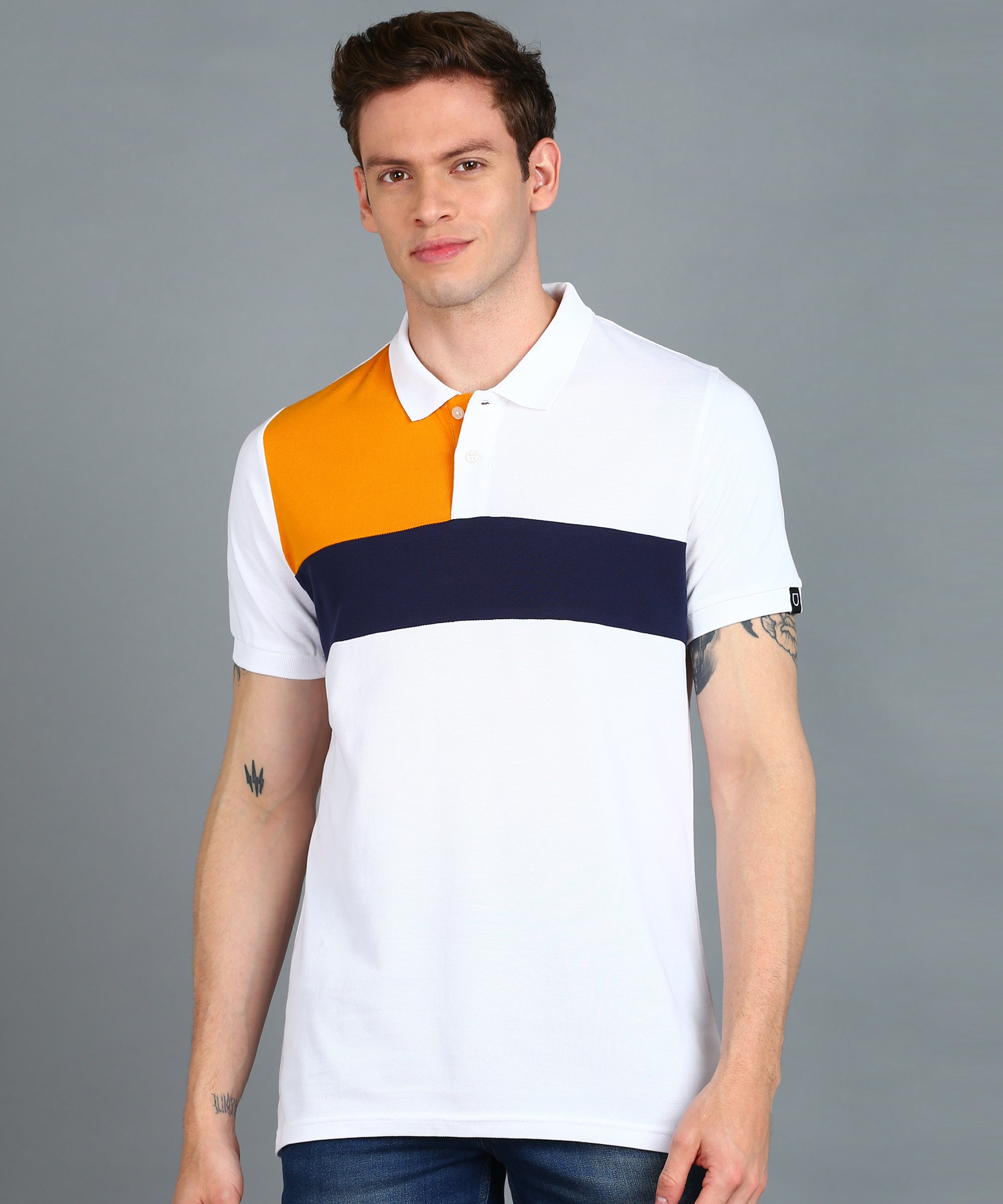 Men's White, Navy Blue, Gold Colour-Block Slim Fit Half Sleeve Cotton Polo T-Shirt