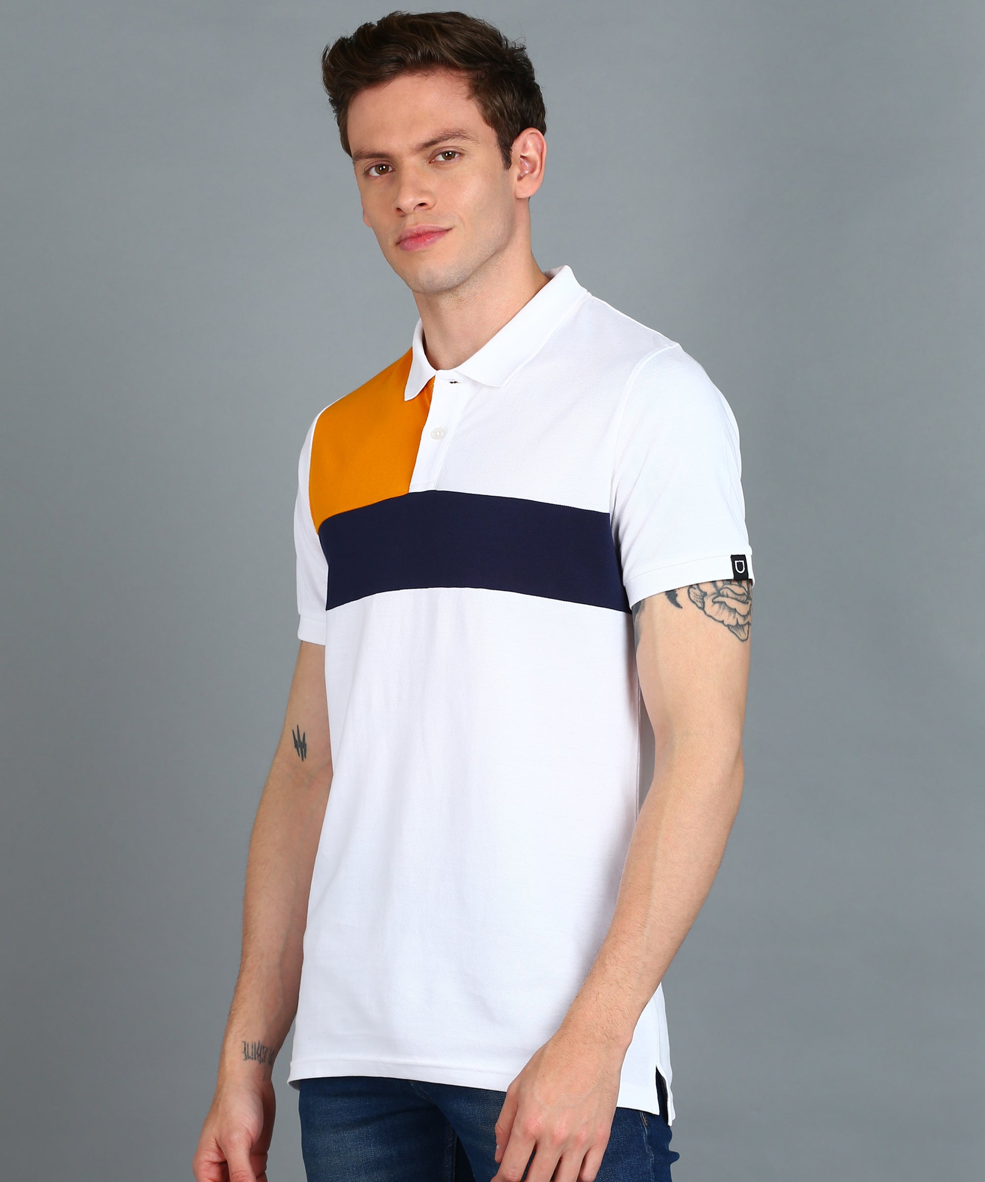 Men's White, Navy Blue, Gold Colour-Block Slim Fit Half Sleeve Cotton Polo T-Shirt