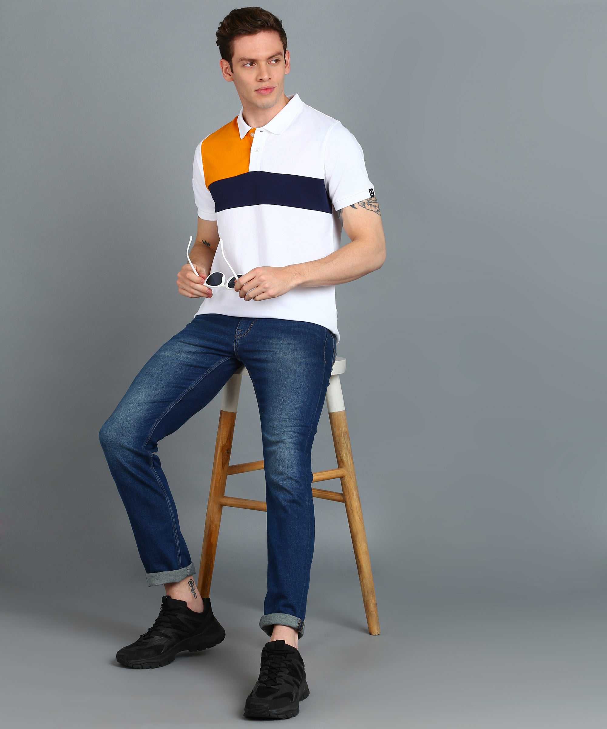 Men's White, Navy Blue, Gold Colour-Block Slim Fit Half Sleeve Cotton Polo T-Shirt