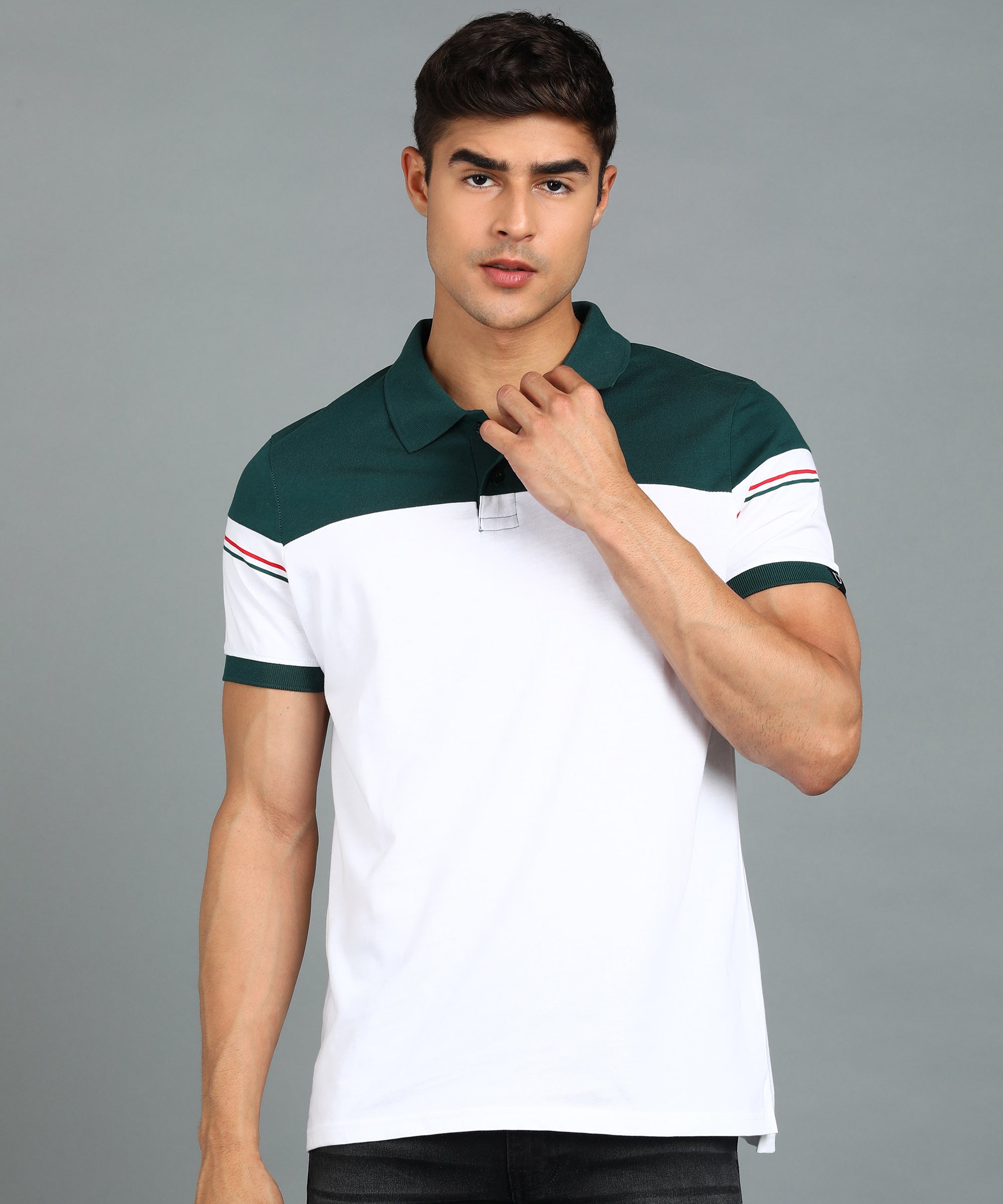 Men's White, Green Colour-Block Slim Fit Half Sleeve Cotton Polo T-Shirt