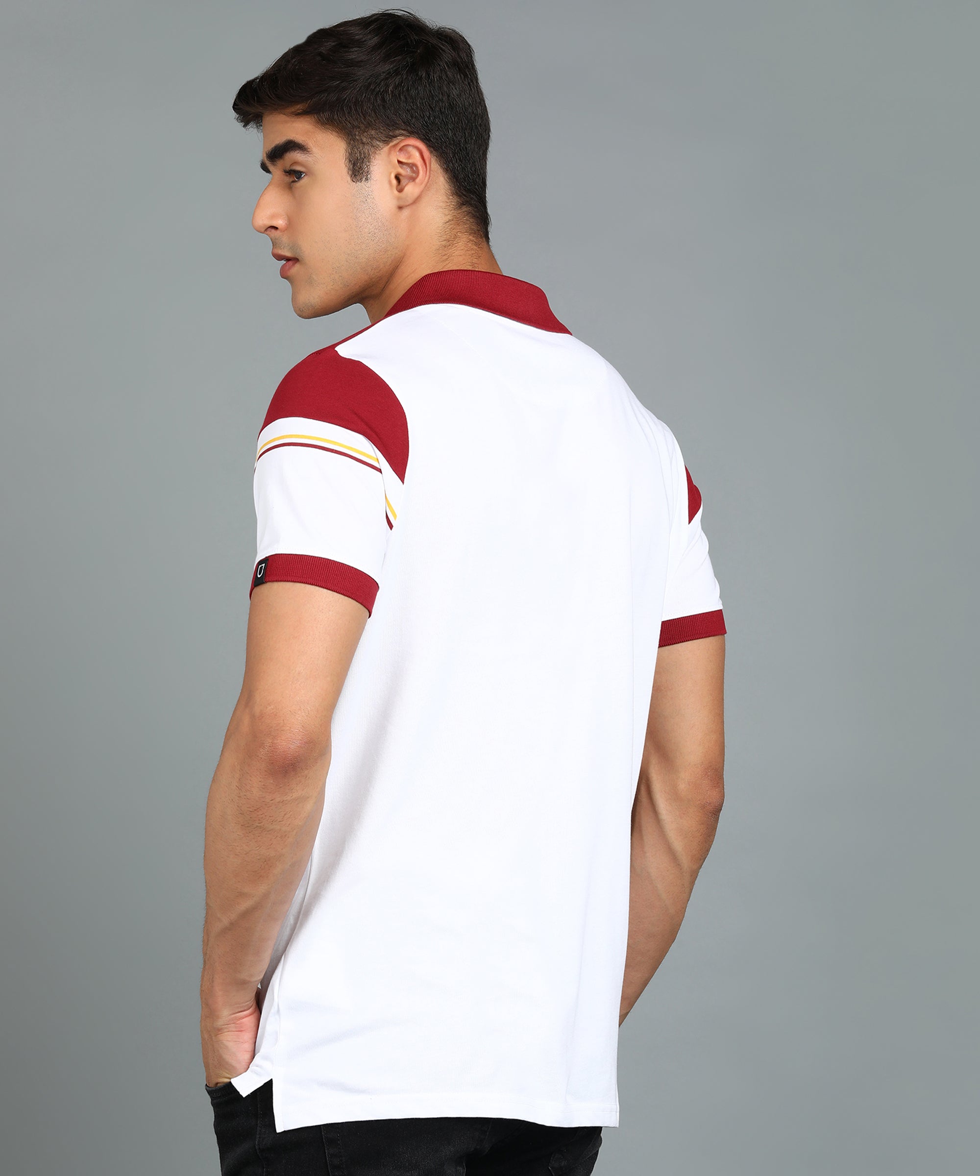 Men's White, Maroon Colour-Block Slim Fit Half Sleeve Cotton Polo T-Shirt