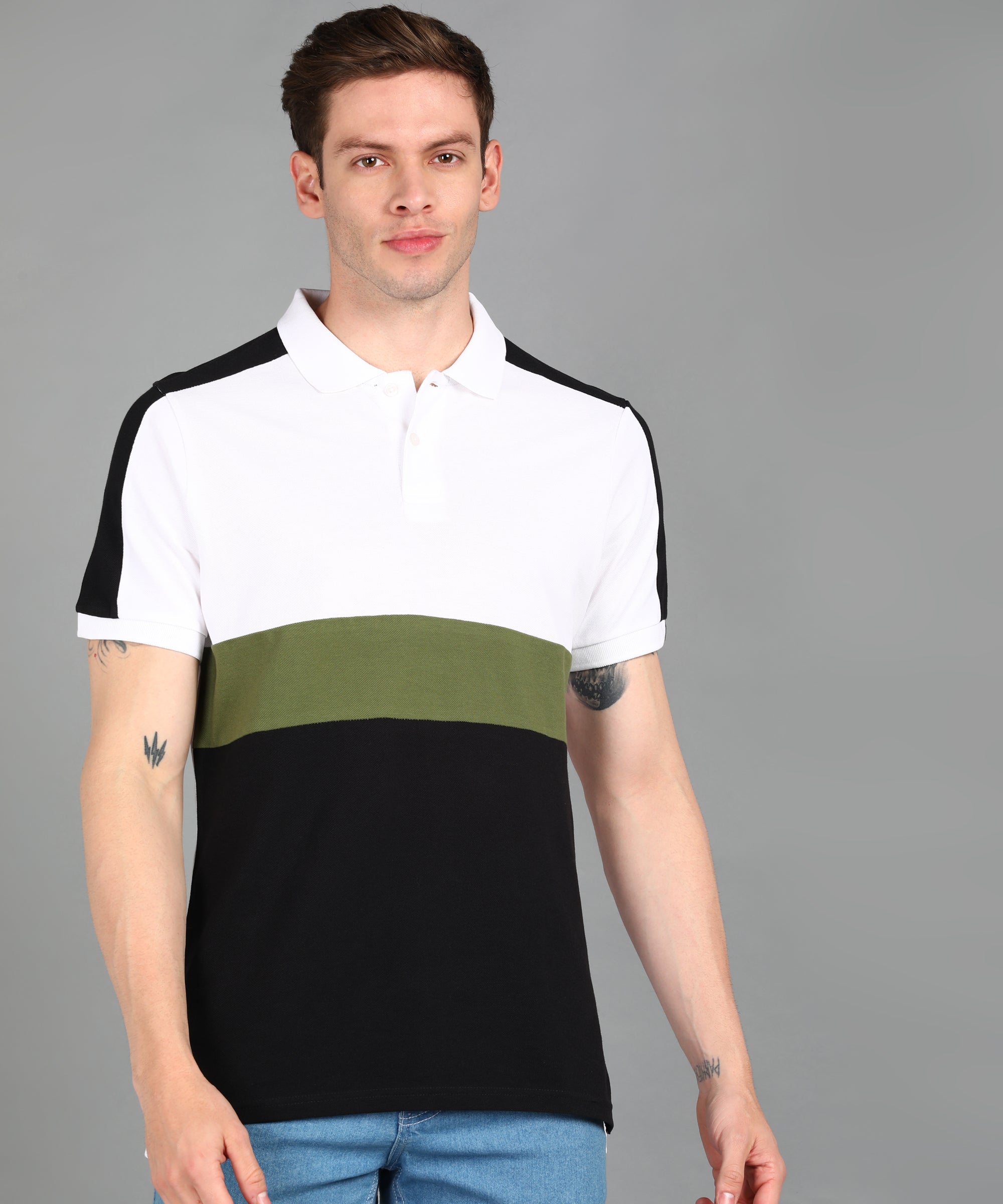 Men's White, Olive, Black Colour-Block Slim Fit Half Sleeve Cotton Polo T-Shirt