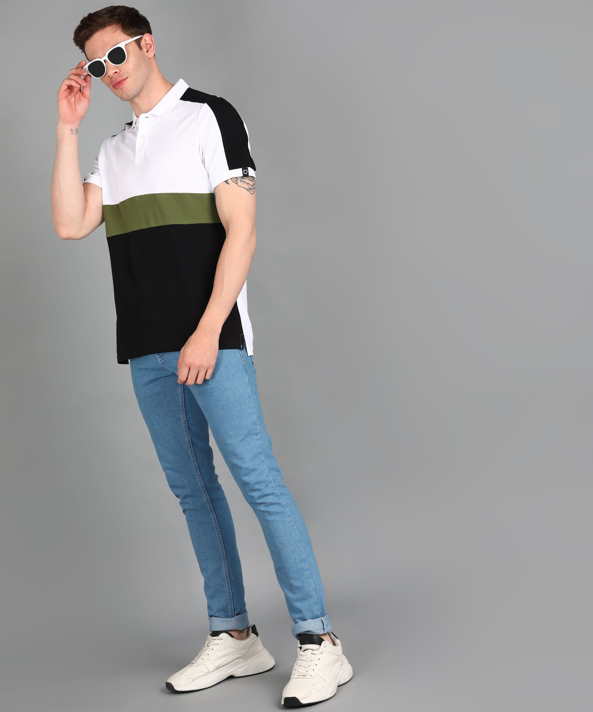 Men's White, Olive, Black Colour-Block Slim Fit Half Sleeve Cotton Polo T-Shirt