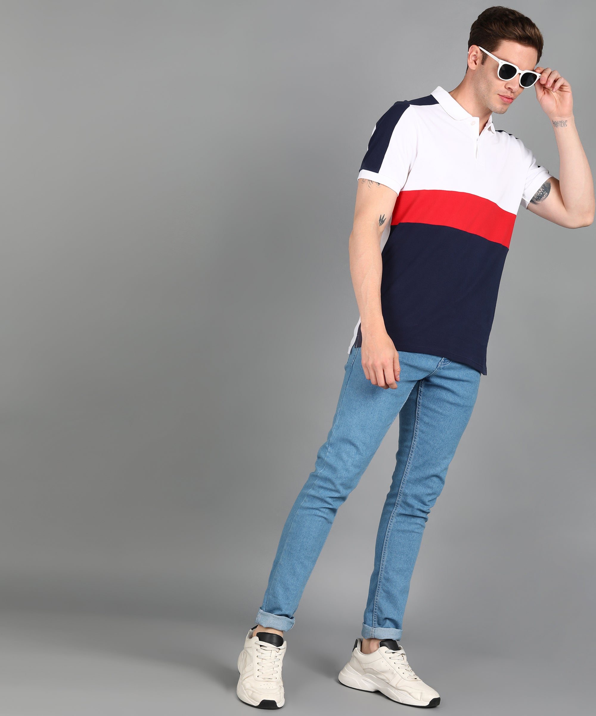 Men's White, Red, Navy Colour-Block Slim Fit Half Sleeve Cotton Polo T-Shirt