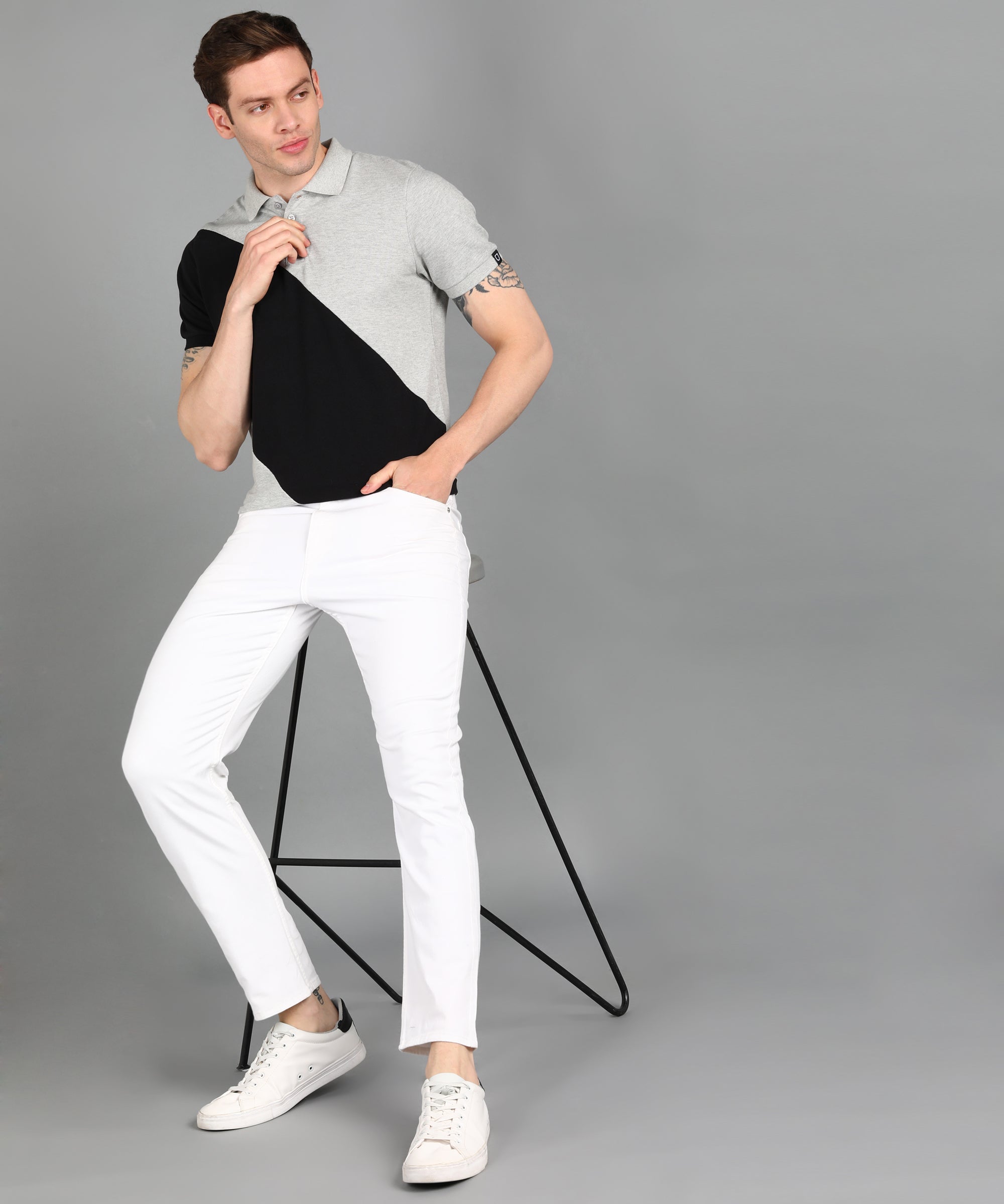 Men's Grey Melange, Black Colour-Block Slim Fit Half Sleeve Cotton Polo T-Shirt