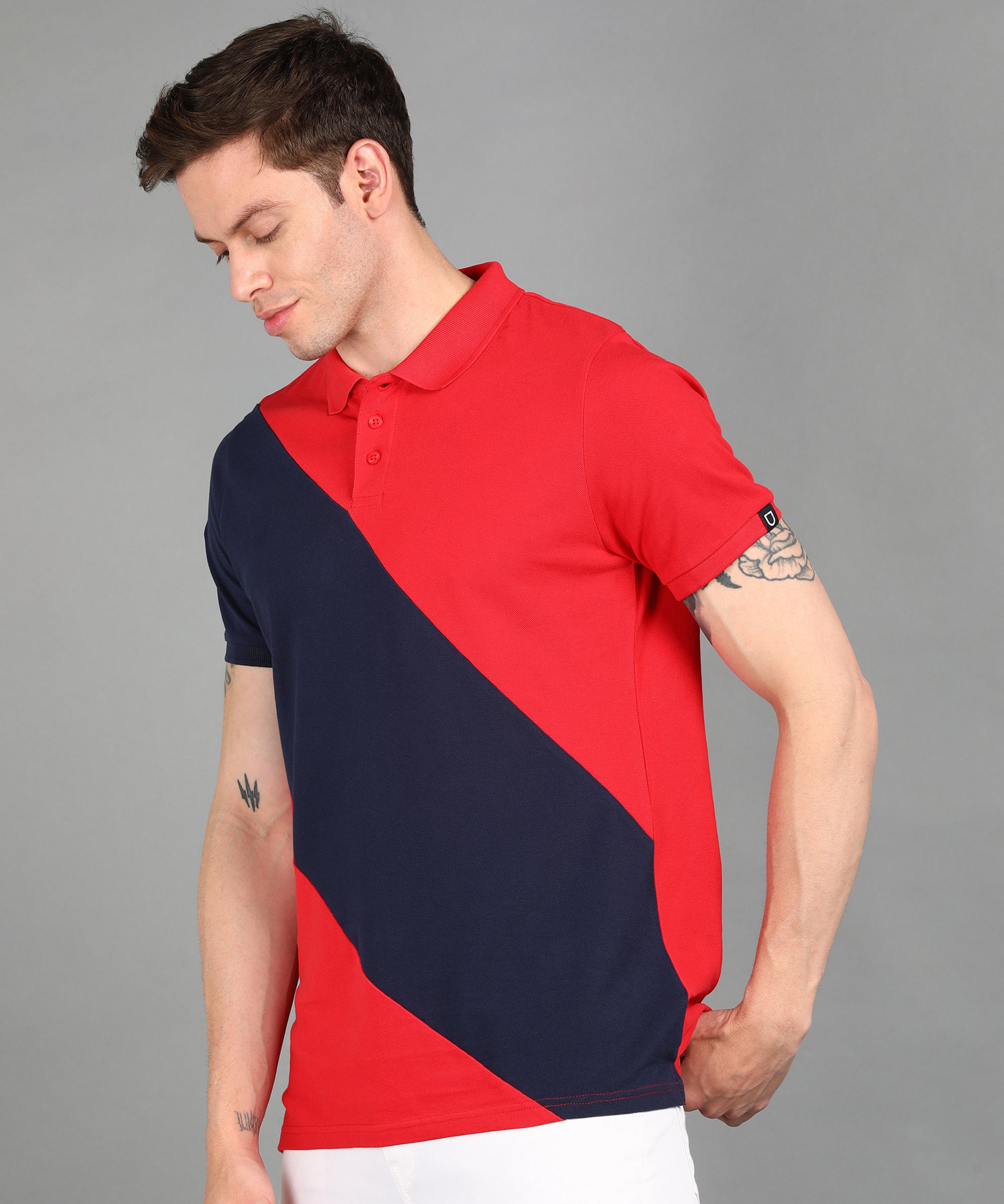 Men's Red, Navy Colour-Block Slim Fit Half Sleeve Cotton Polo T-Shirt