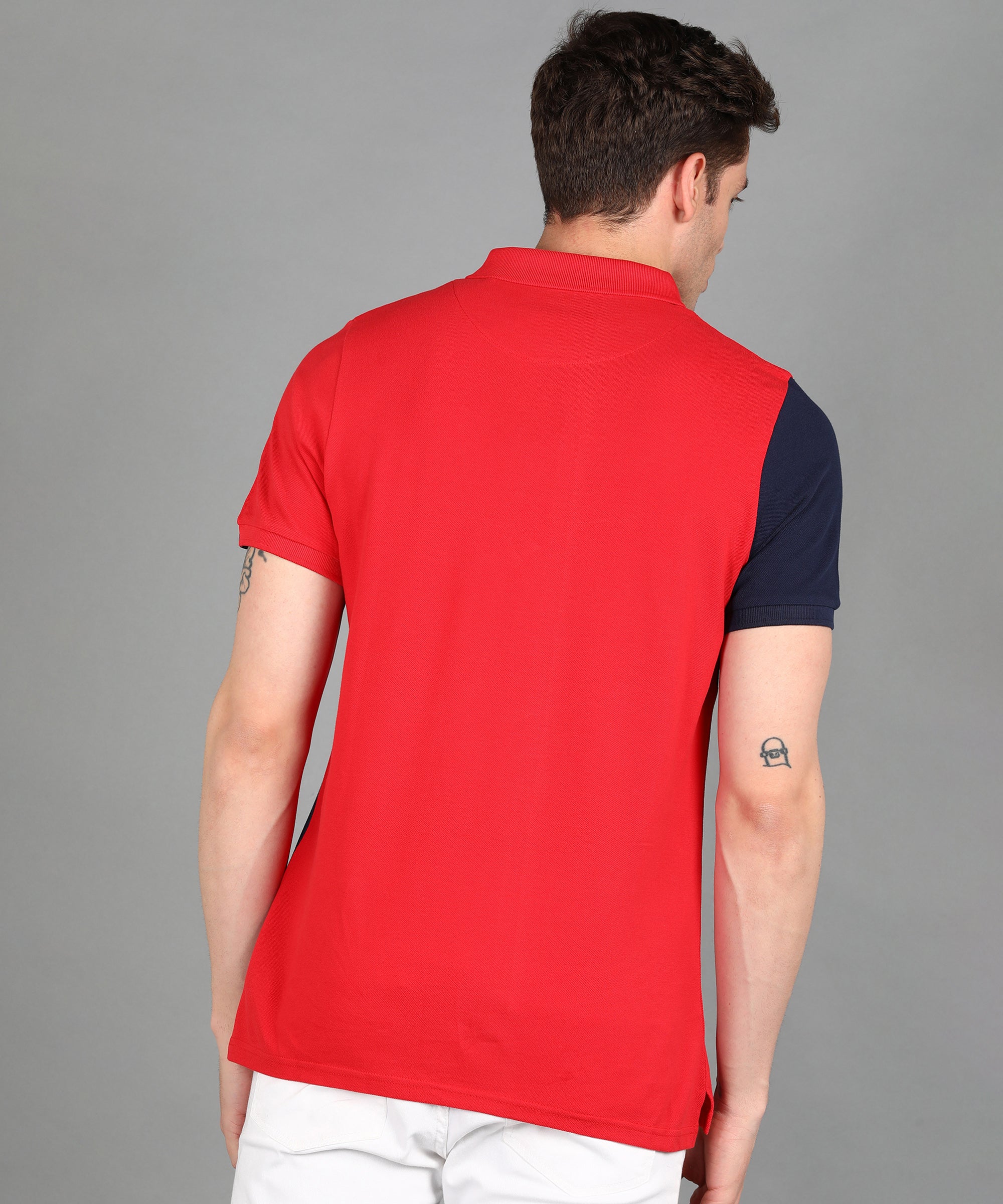 Men's Red, Navy Colour-Block Slim Fit Half Sleeve Cotton Polo T-Shirt