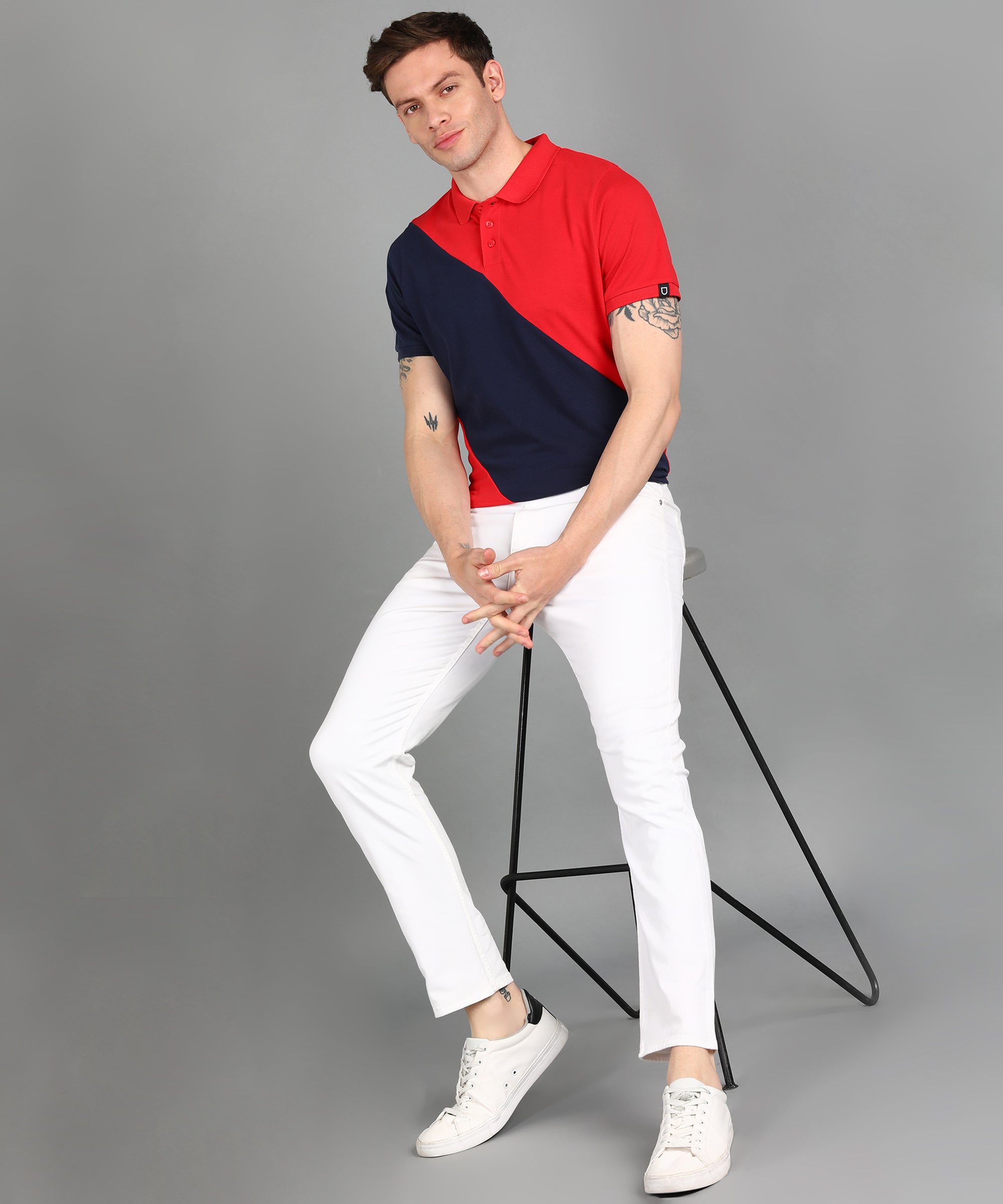 Men's Red, Navy Colour-Block Slim Fit Half Sleeve Cotton Polo T-Shirt