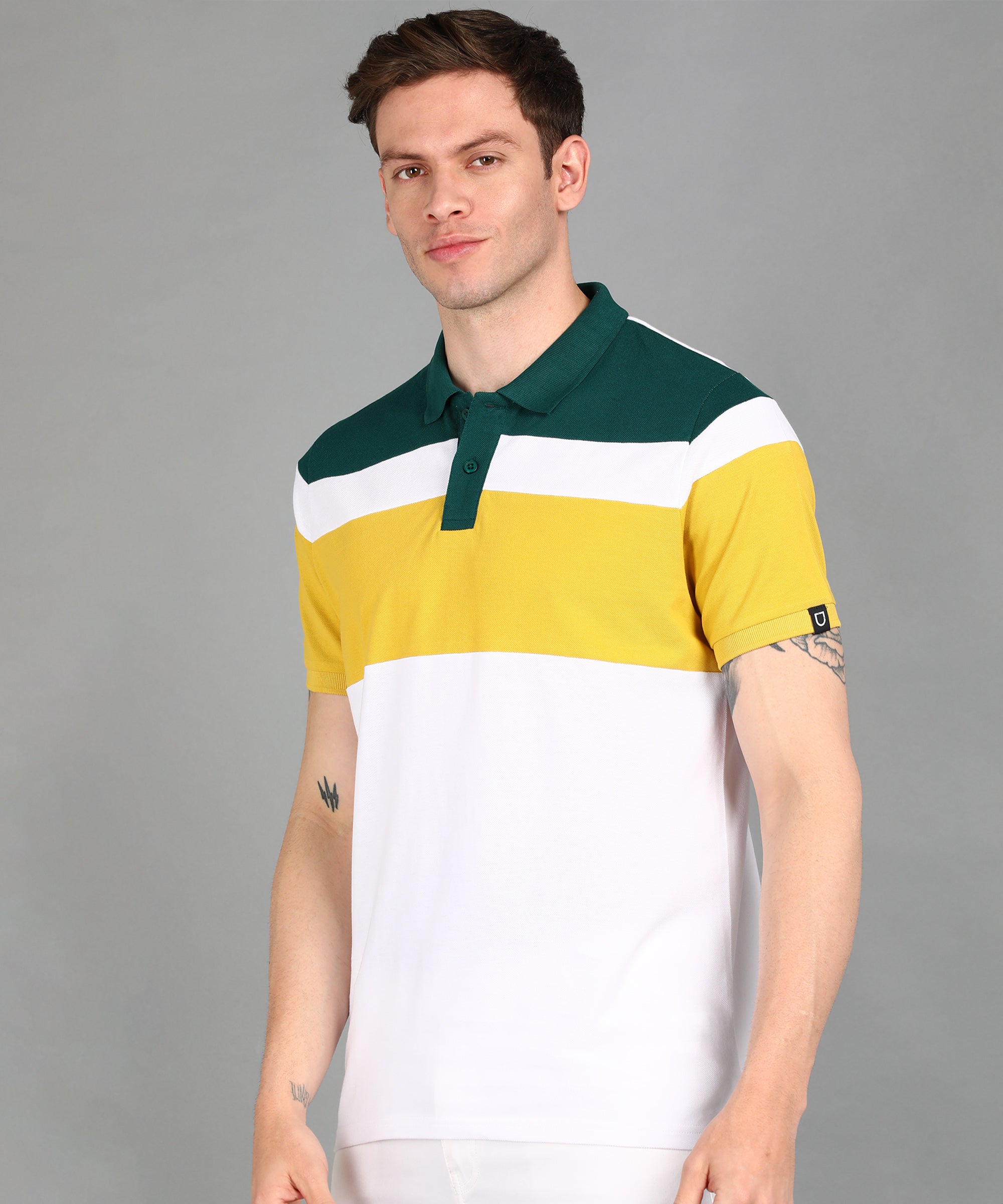 Men's White, Green, Yellow Colour-Block Slim Fit Half Sleeve Cotton Polo T-Shirt