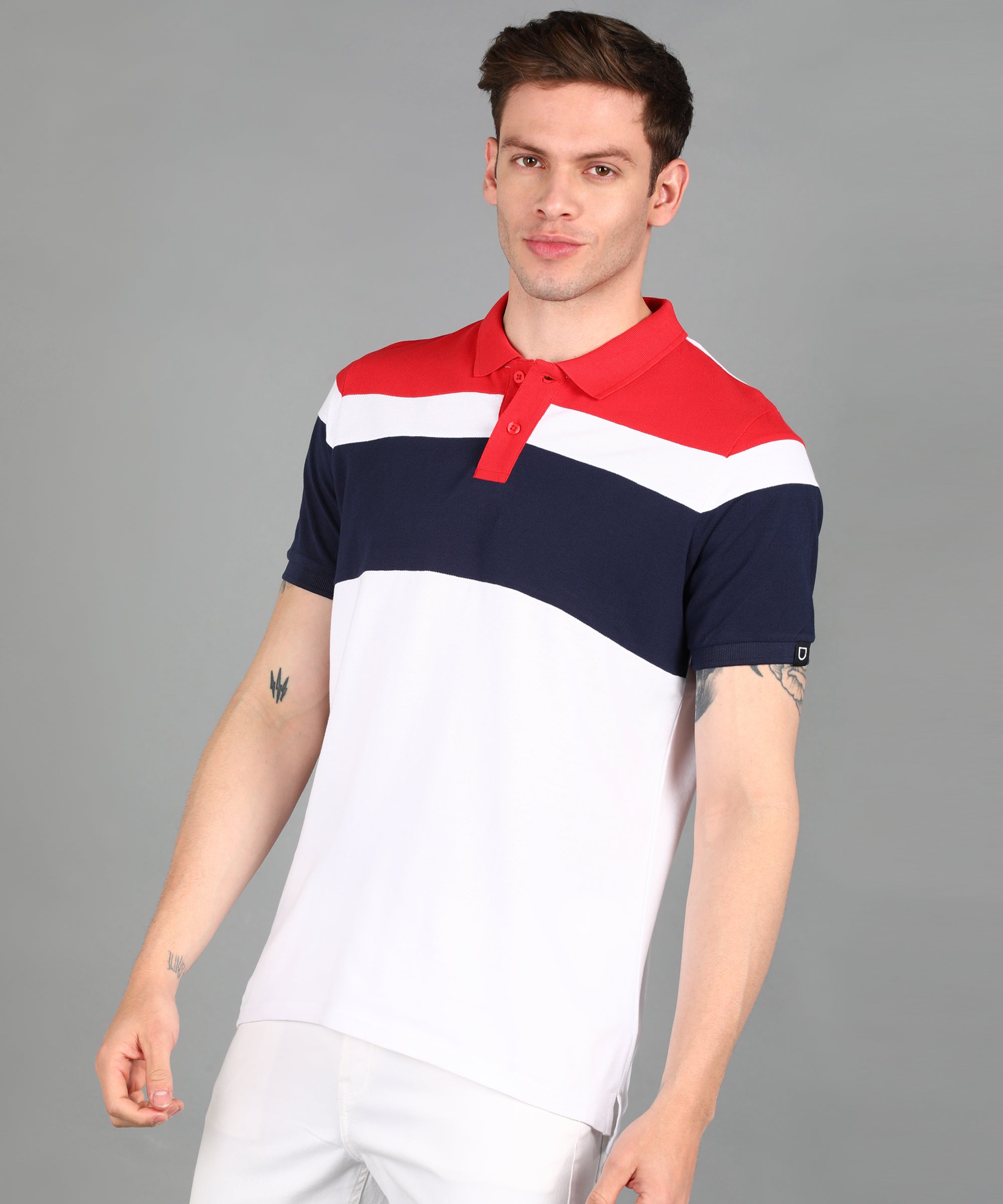 Men's White, Red, Navy Colour-Block Slim Fit Half Sleeve Cotton Polo T-Shirt