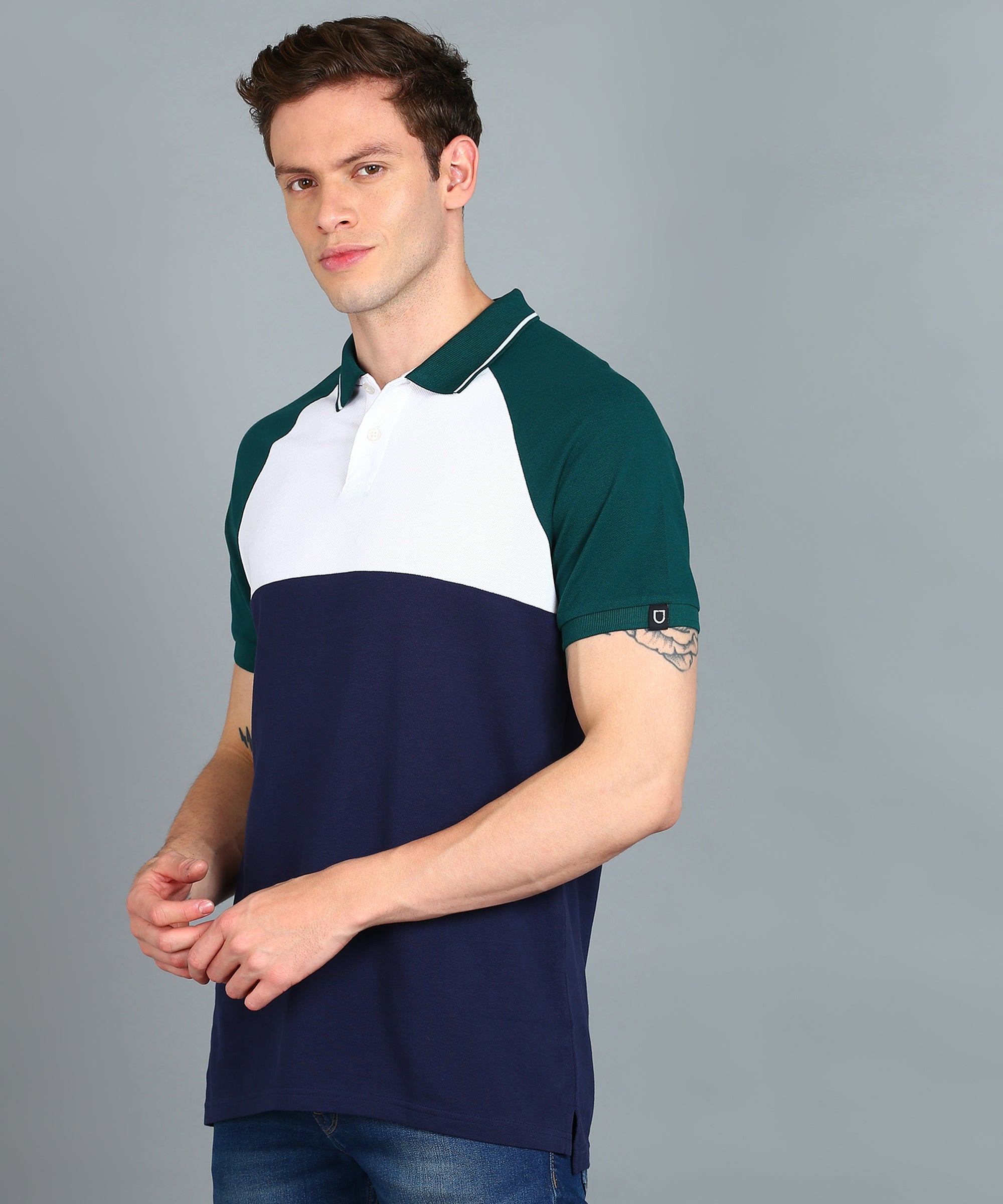 Men's White, Green, Navy Blue Colour-Block Slim Fit Half Sleeve Cotton Polo T-Shirt