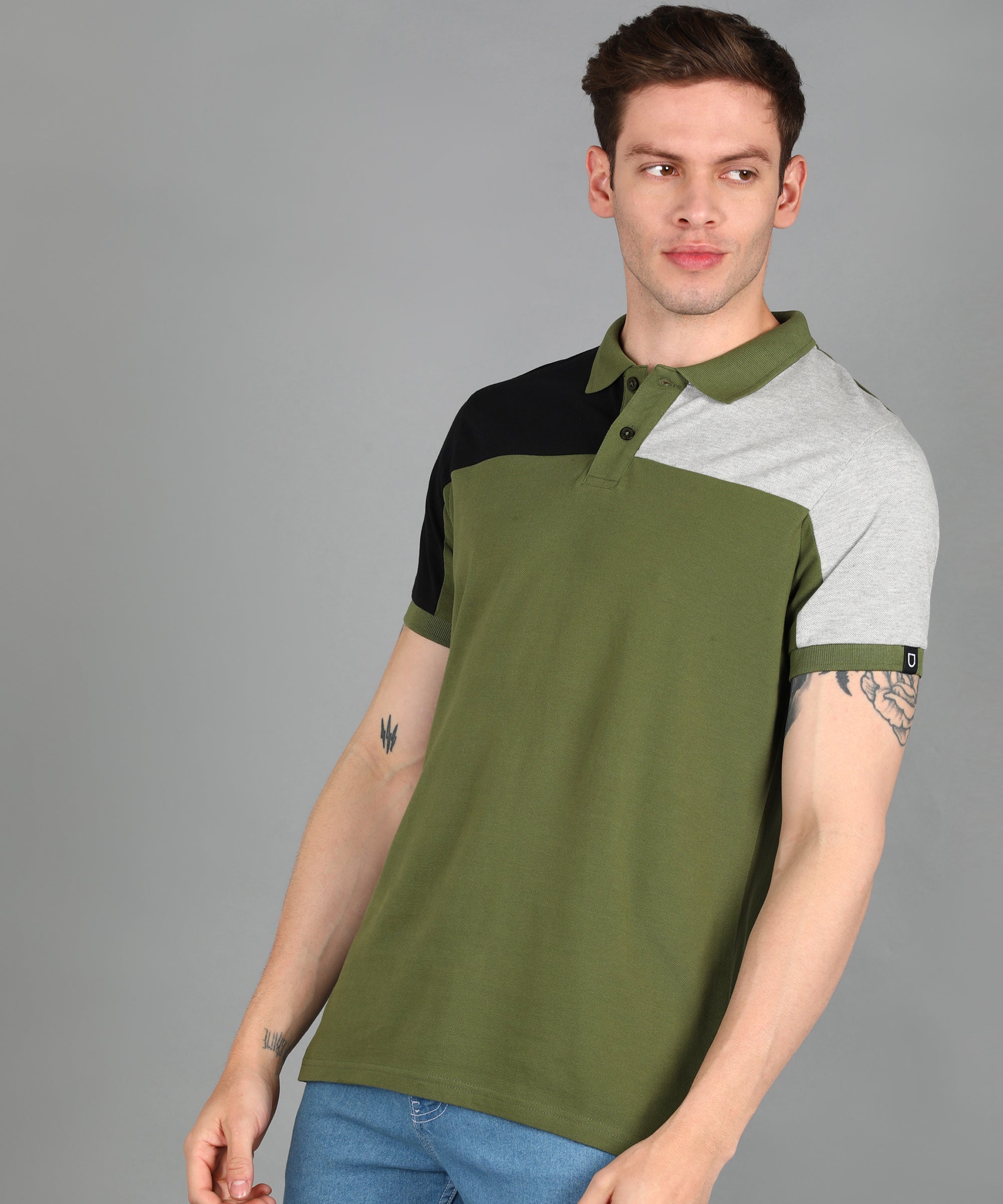 Men's Olive, Grey Melange, Black Colour-Block Slim Fit Half Sleeve Cotton Polo T-Shirt