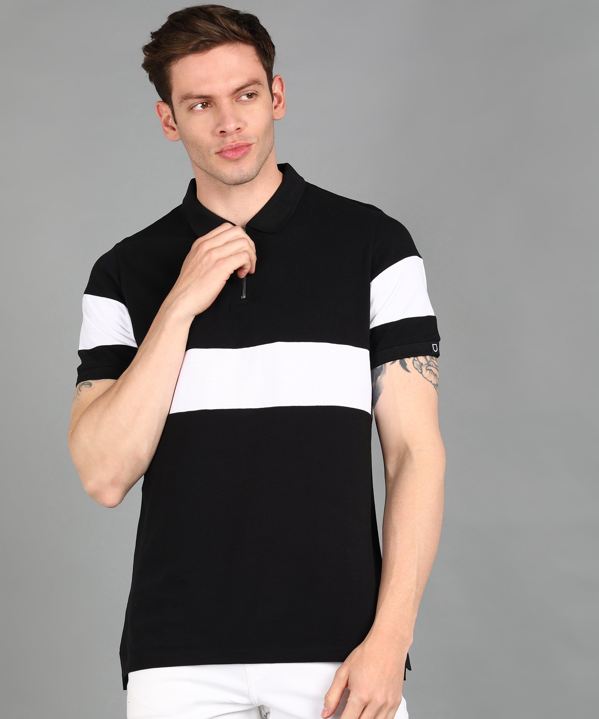 Men's Black, White Colour-Block Slim Fit Half Sleeve Cotton Polo T-Shirt