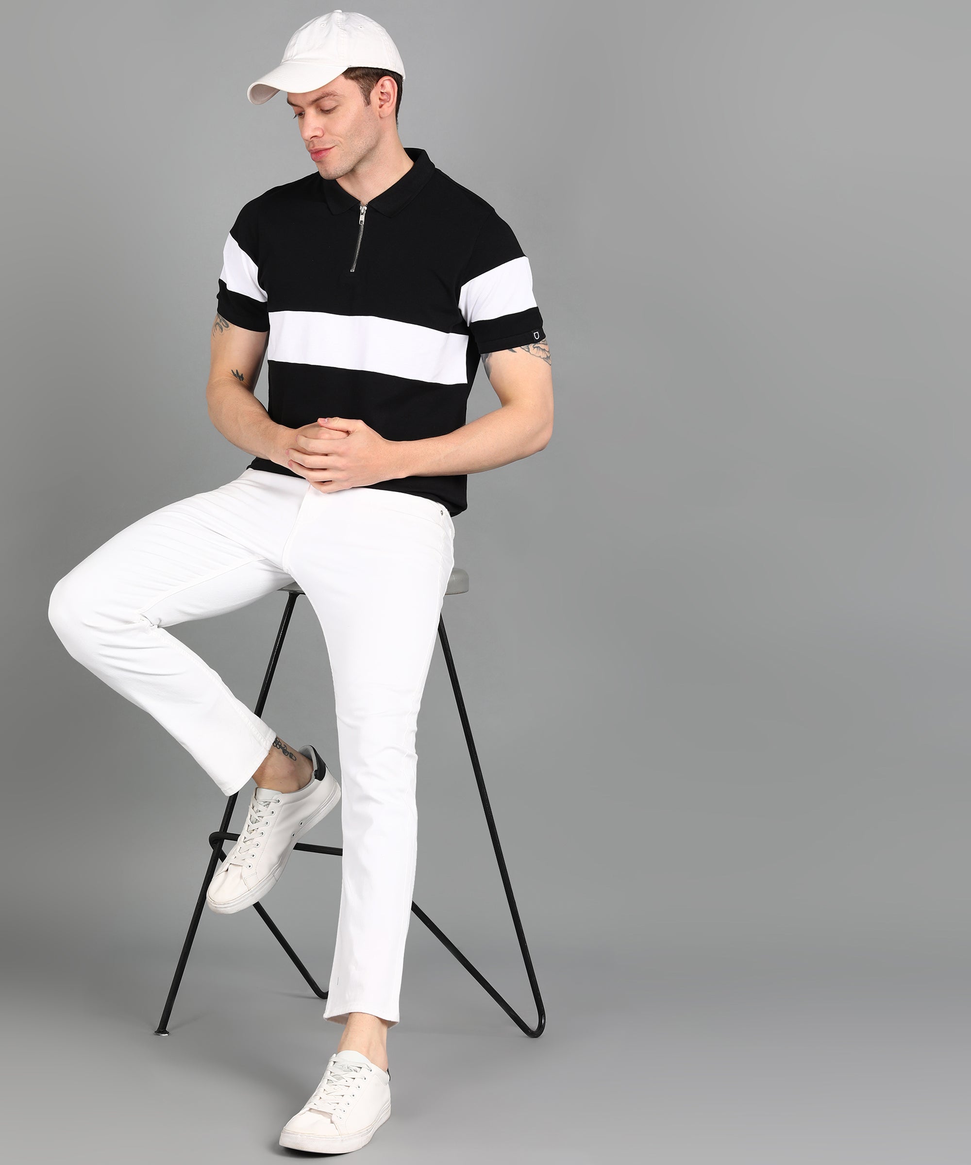 Men's Black, White Colour-Block Slim Fit Half Sleeve Cotton Polo T-Shirt