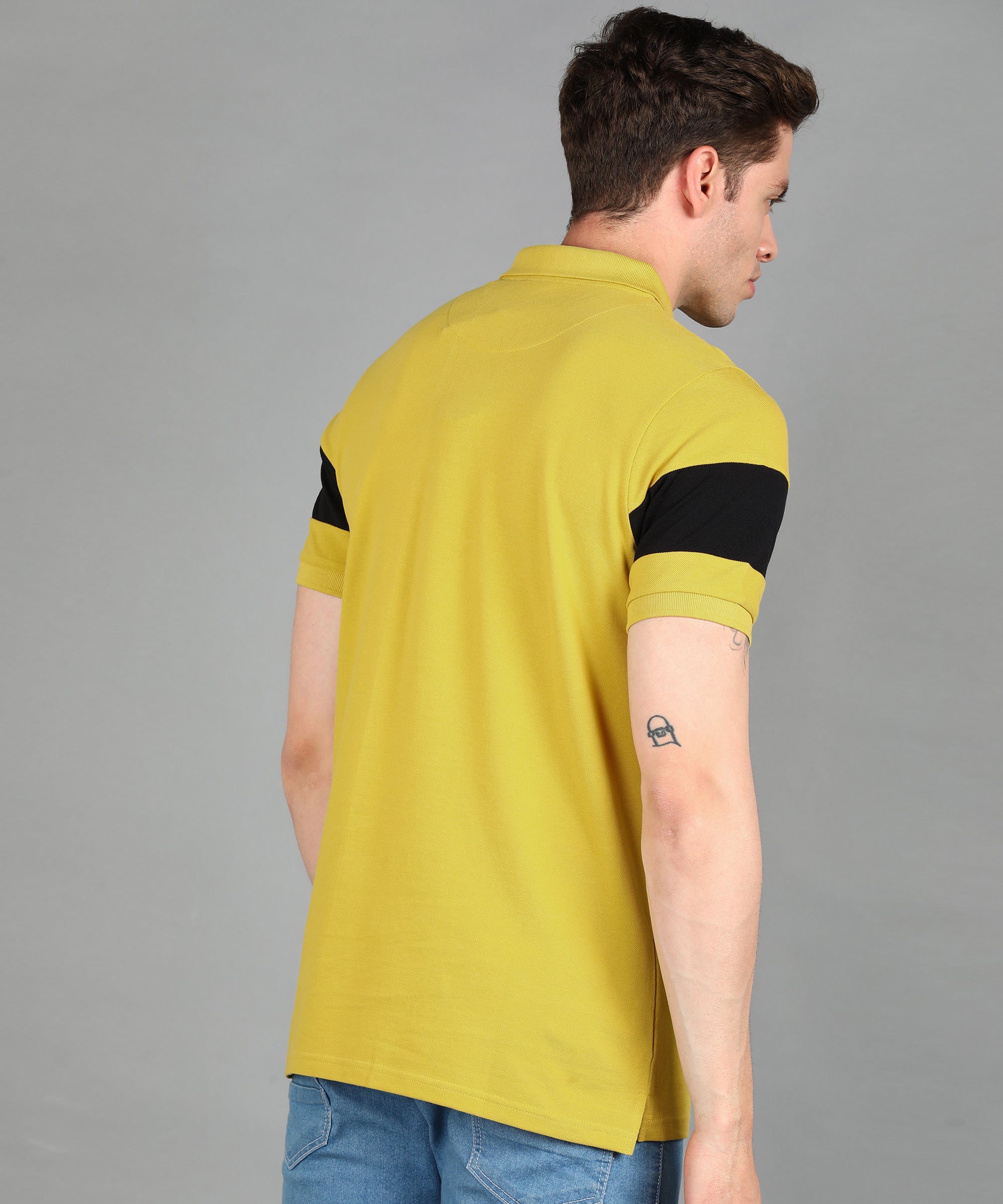 Men's Yellow, Black Colour-Block Slim Fit Half Sleeve Cotton Polo T-Shirt