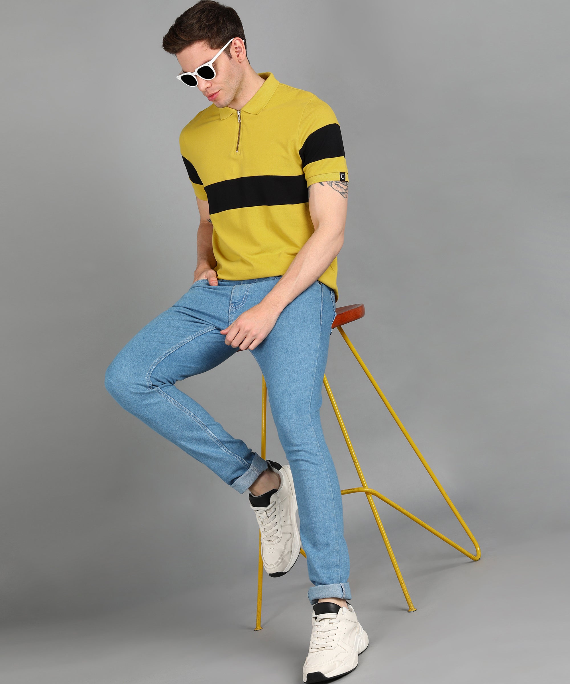 Men's Yellow, Black Colour-Block Slim Fit Half Sleeve Cotton Polo T-Shirt