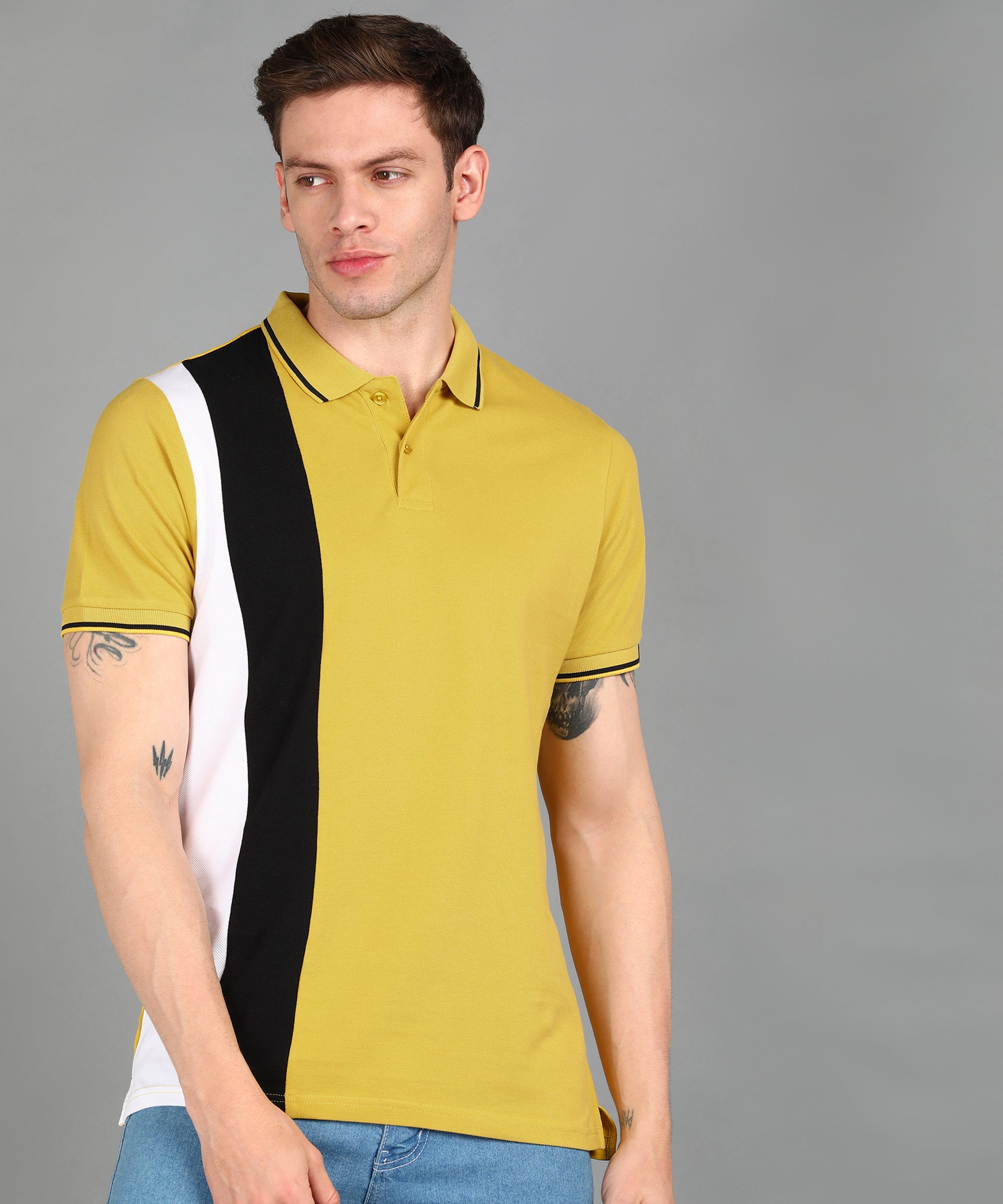 Men's Yellow, White, Black Colour-Block Slim Fit Half Sleeve Cotton Polo T-Shirt