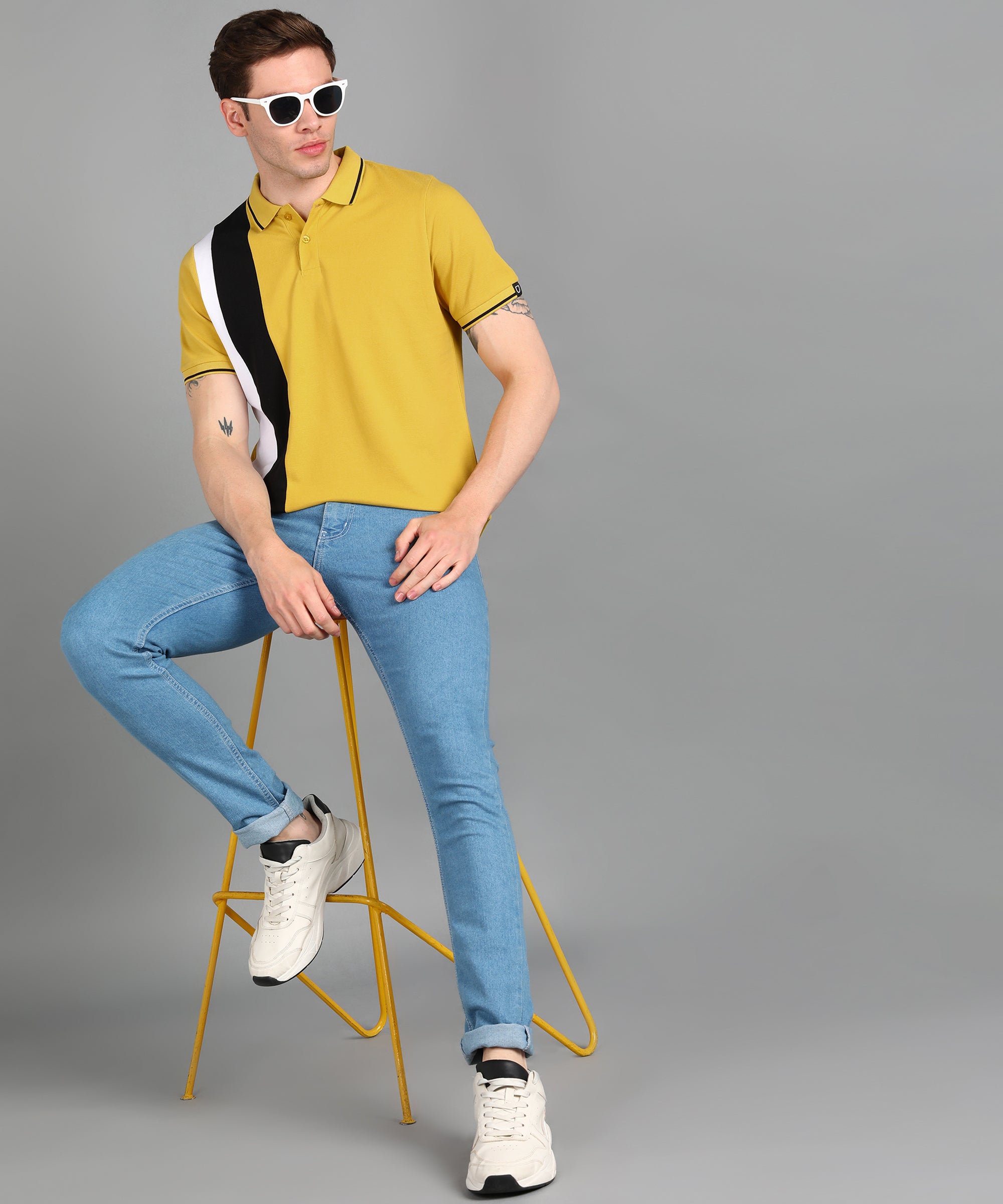 Men's Yellow, White, Black Colour-Block Slim Fit Half Sleeve Cotton Polo T-Shirt