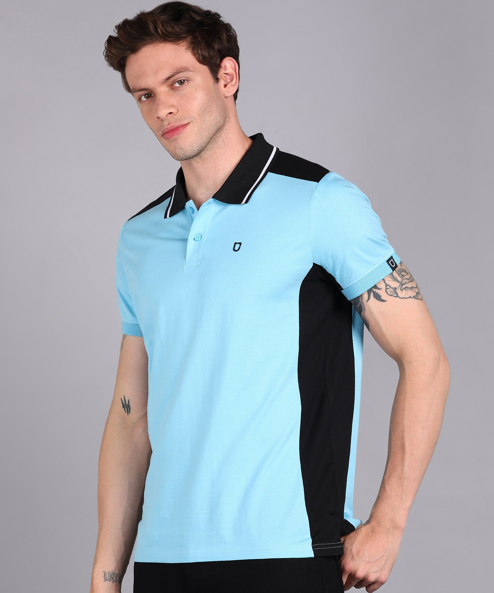 Men's Sky Blue, Black Colour-Block Slim Fit Half Sleeve Cotton Polo T-Shirt