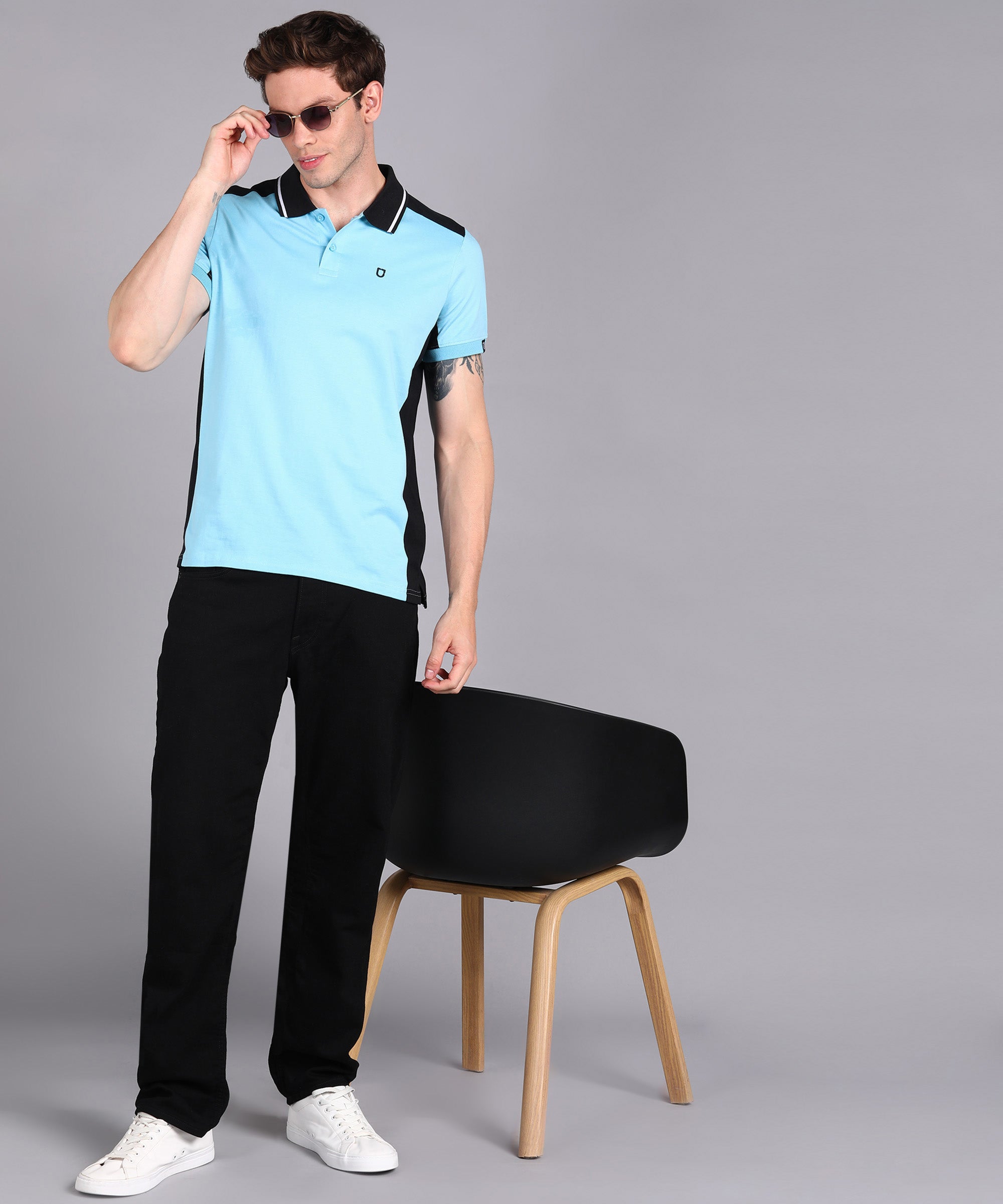 Men's Sky Blue, Black Colour-Block Slim Fit Half Sleeve Cotton Polo T-Shirt