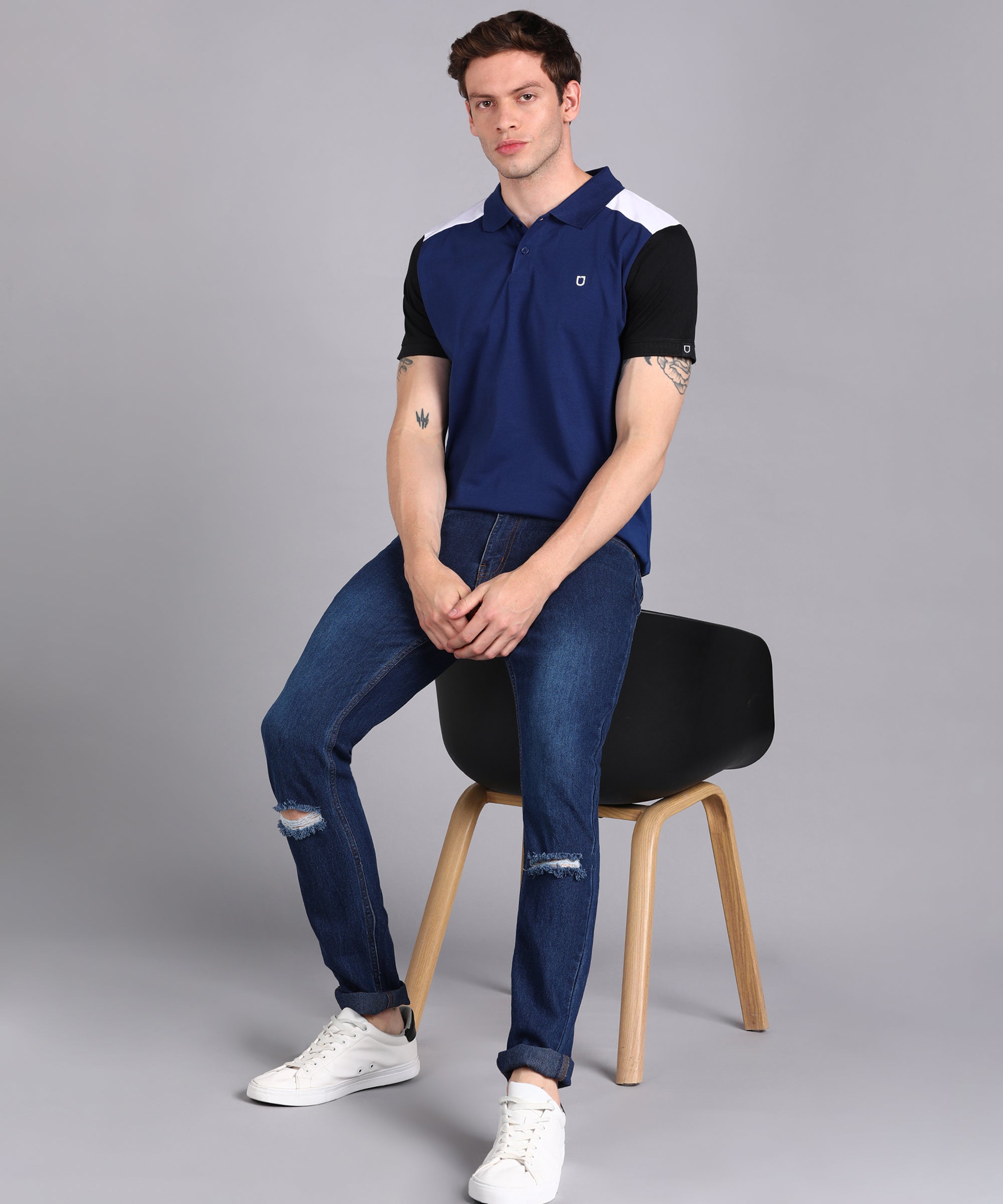 Men's Dark Blue, Black, White Colour-Block Slim Fit Half Sleeve Cotton Polo T-Shirt