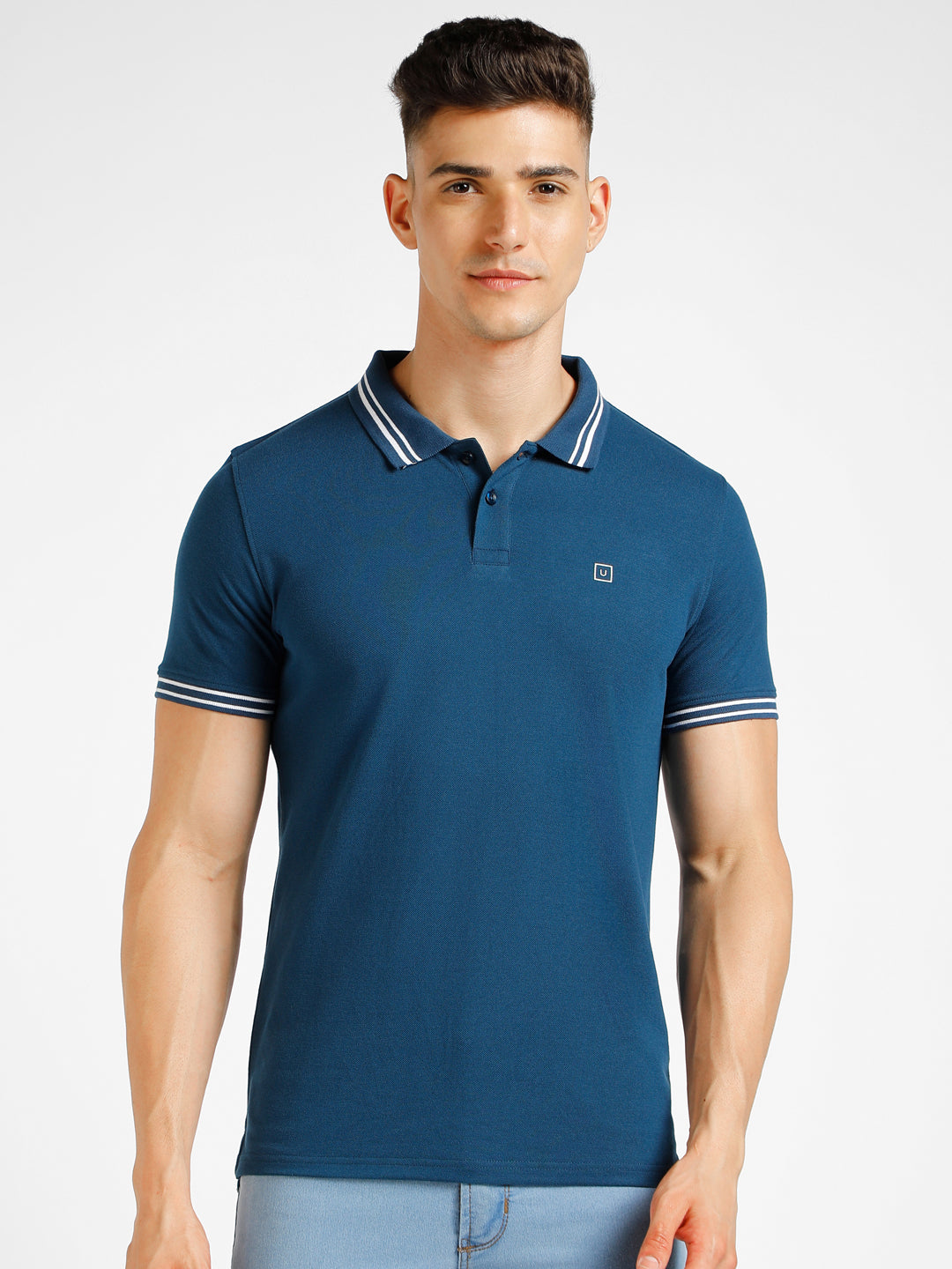 Men's Blue Solid Slim Fit Half Sleeve Cotton Polo T-Shirt