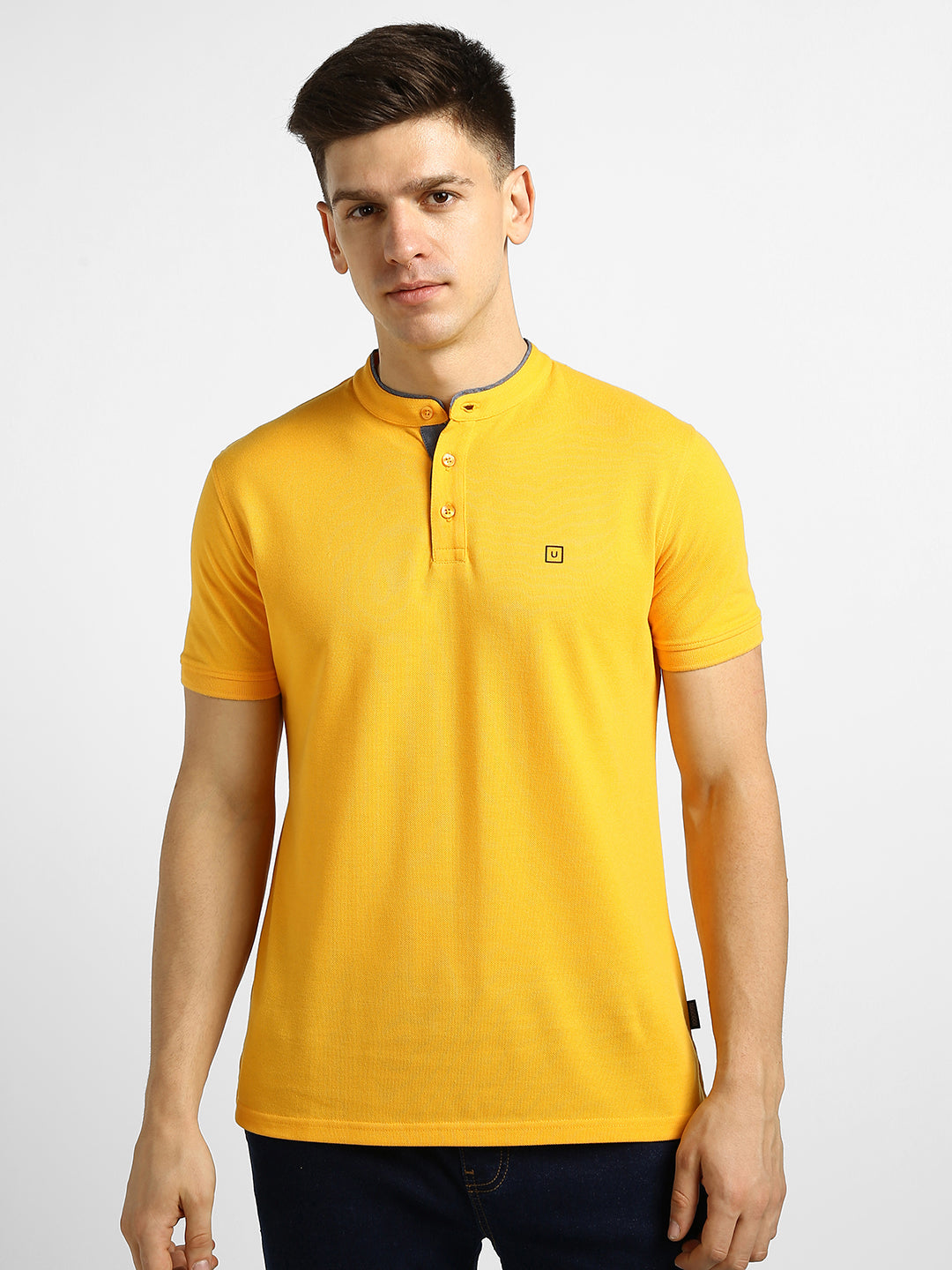 Men's Yellow Solid Slim Fit Half Sleeve Cotton Polo T-Shirt with Mandarin Collar