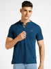 Men's Blue Solid Slim Fit Half Sleeve Cotton Polo T-Shirt with Mandarin Collar