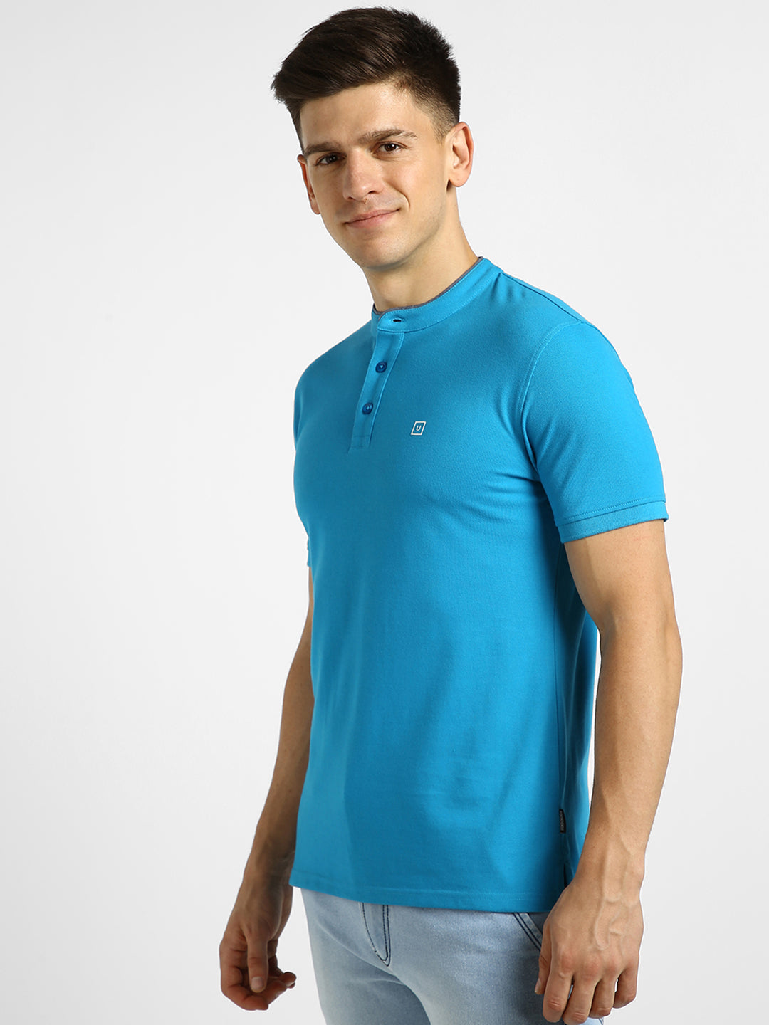 Men's Blue Solid Slim Fit Half Sleeve Cotton Polo T-Shirt with Mandarin Collar