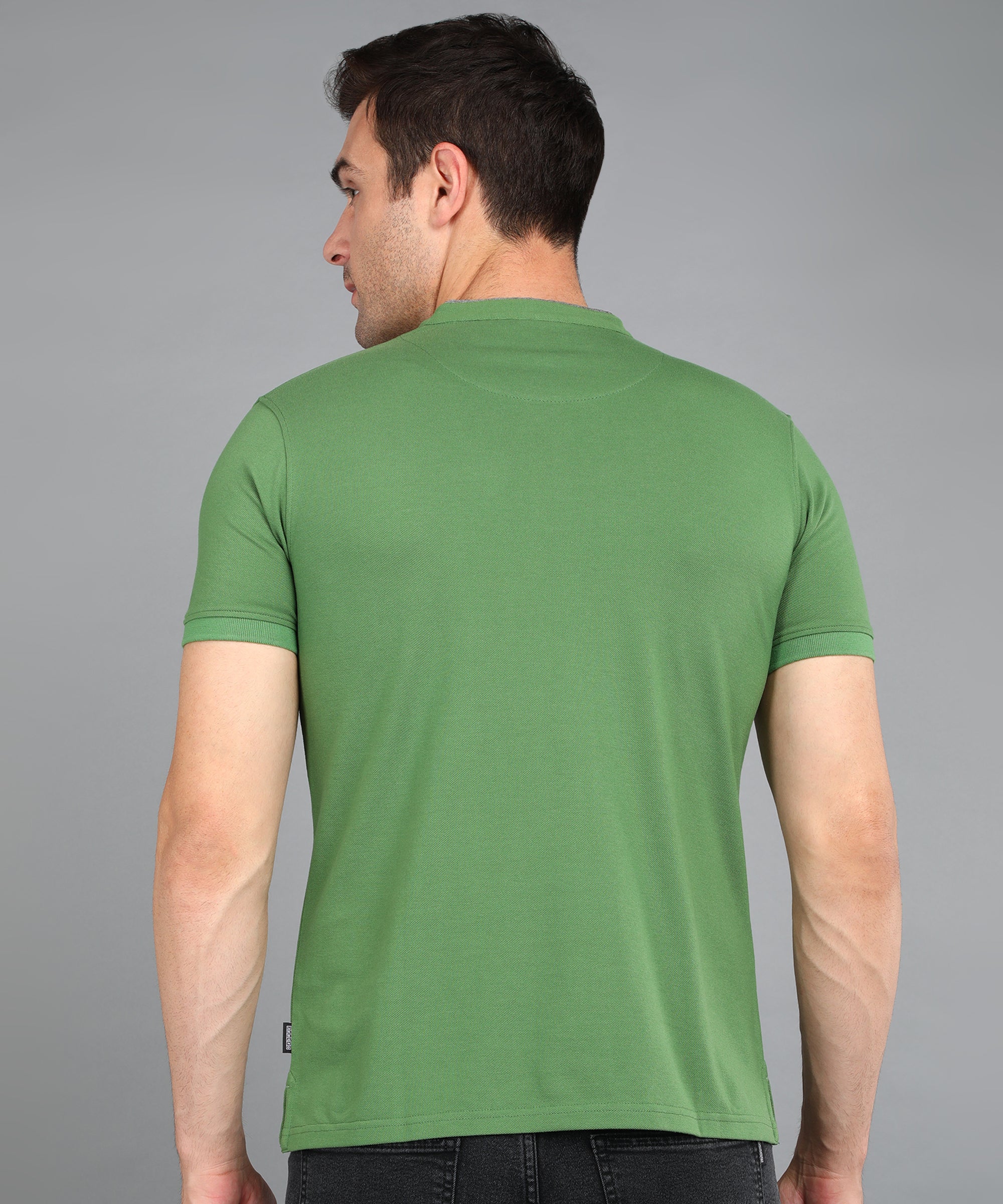 Men's Green Solid Slim Fit Half Sleeve Cotton Polo T-Shirt with Mandarin Collar