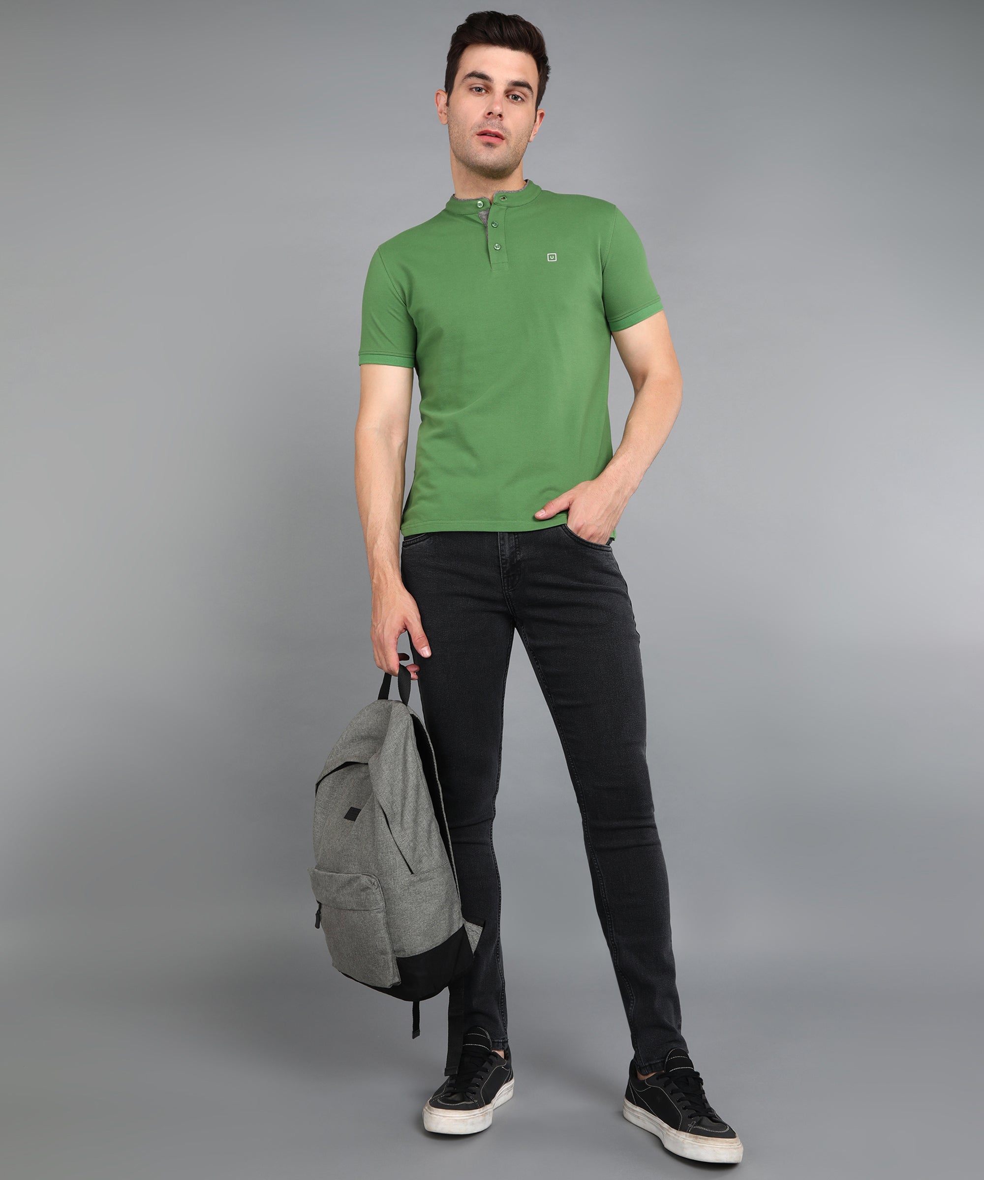 Men's Green Solid Slim Fit Half Sleeve Cotton Polo T-Shirt with Mandarin Collar