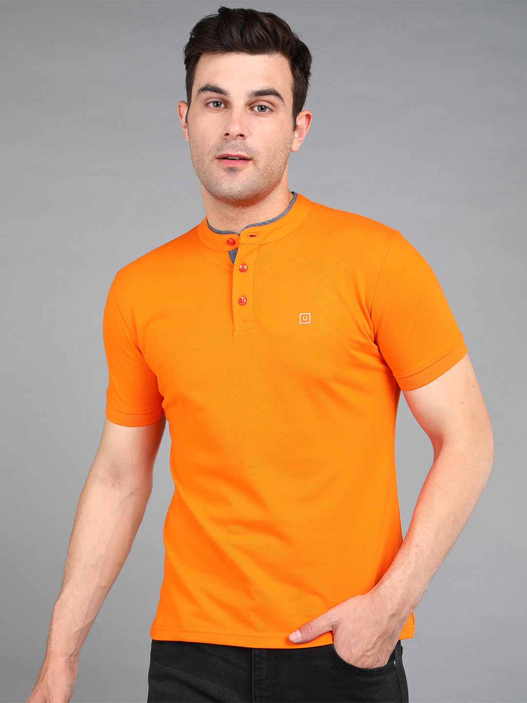 Men's Orange Solid Slim Fit Half Sleeve Cotton Polo T-Shirt with Mandarin Collar