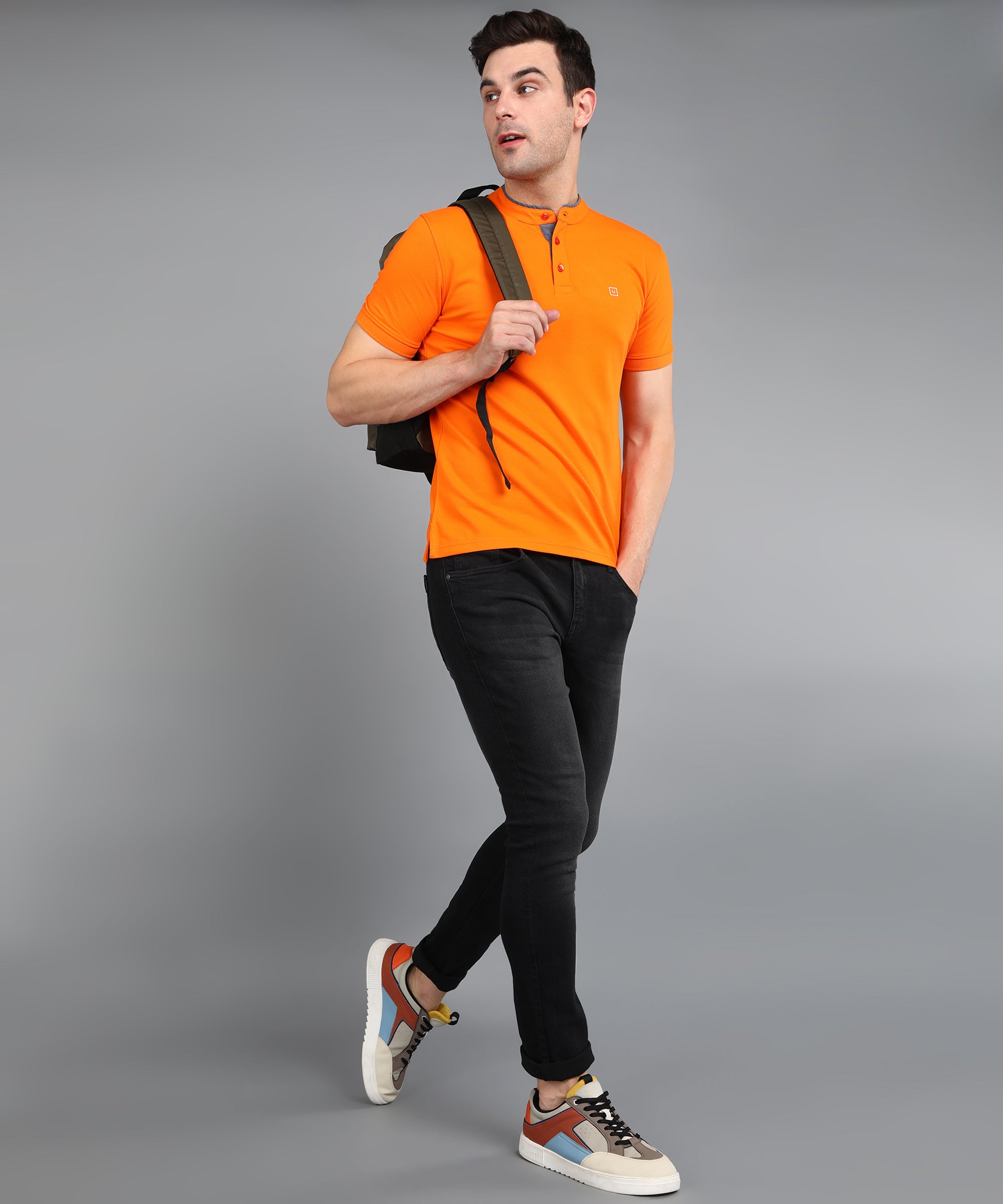 Men's Orange Solid Slim Fit Half Sleeve Cotton Polo T-Shirt with Mandarin Collar