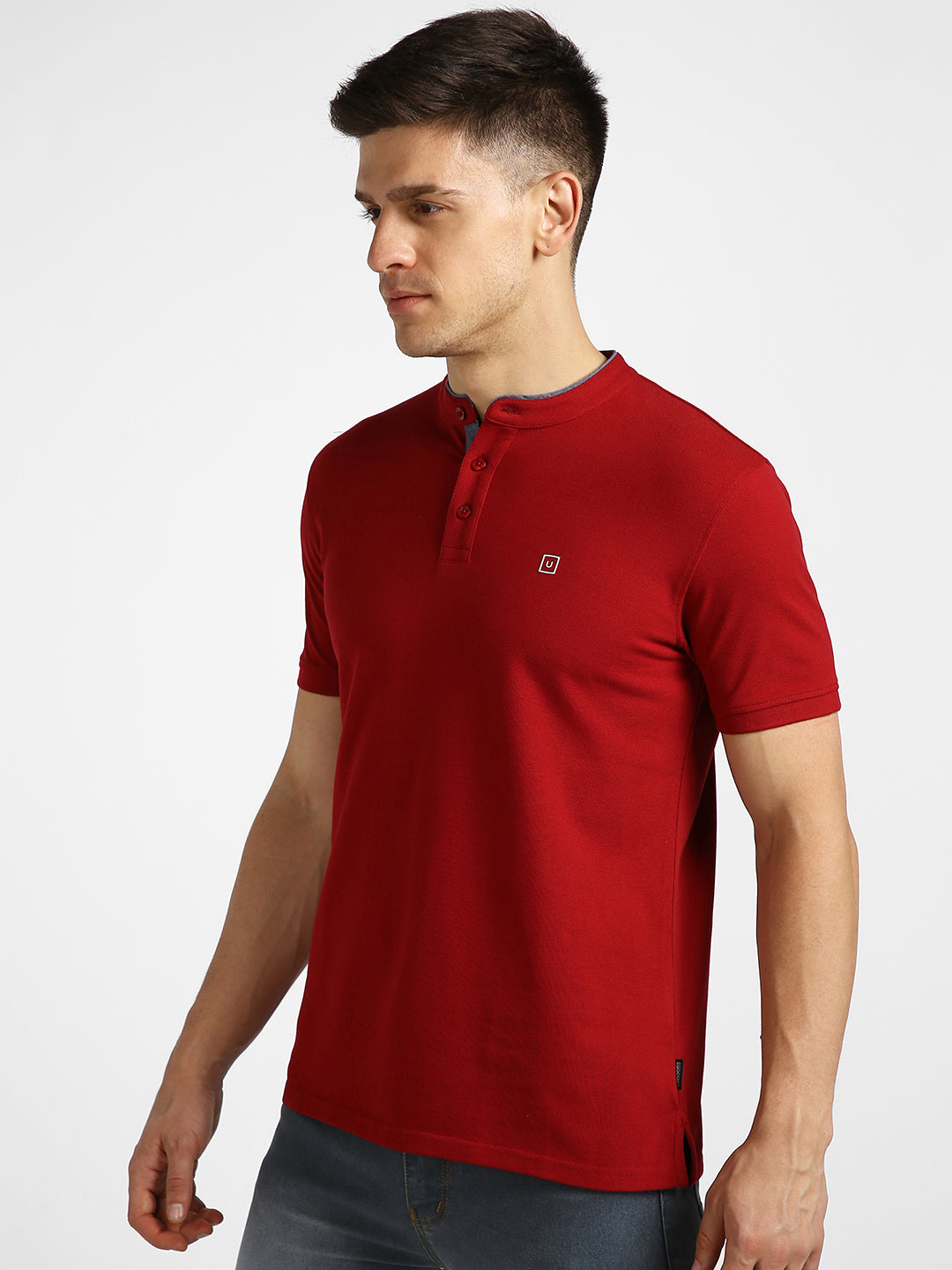 Men's Red Solid Slim Fit Half Sleeve Cotton Polo T-Shirt with Mandarin Collar