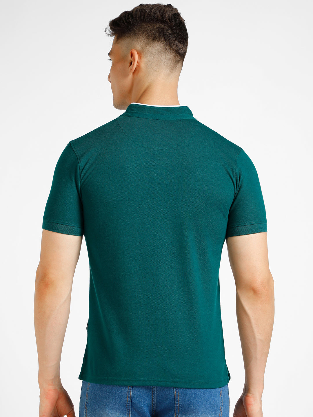 Men's Green Solid Slim Fit Half Sleeve Cotton Polo T-Shirt with Mandarin Collar