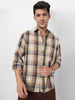 Men's Beige Cotton Full Sleeve Regular Fit Casual Checkered Shirt